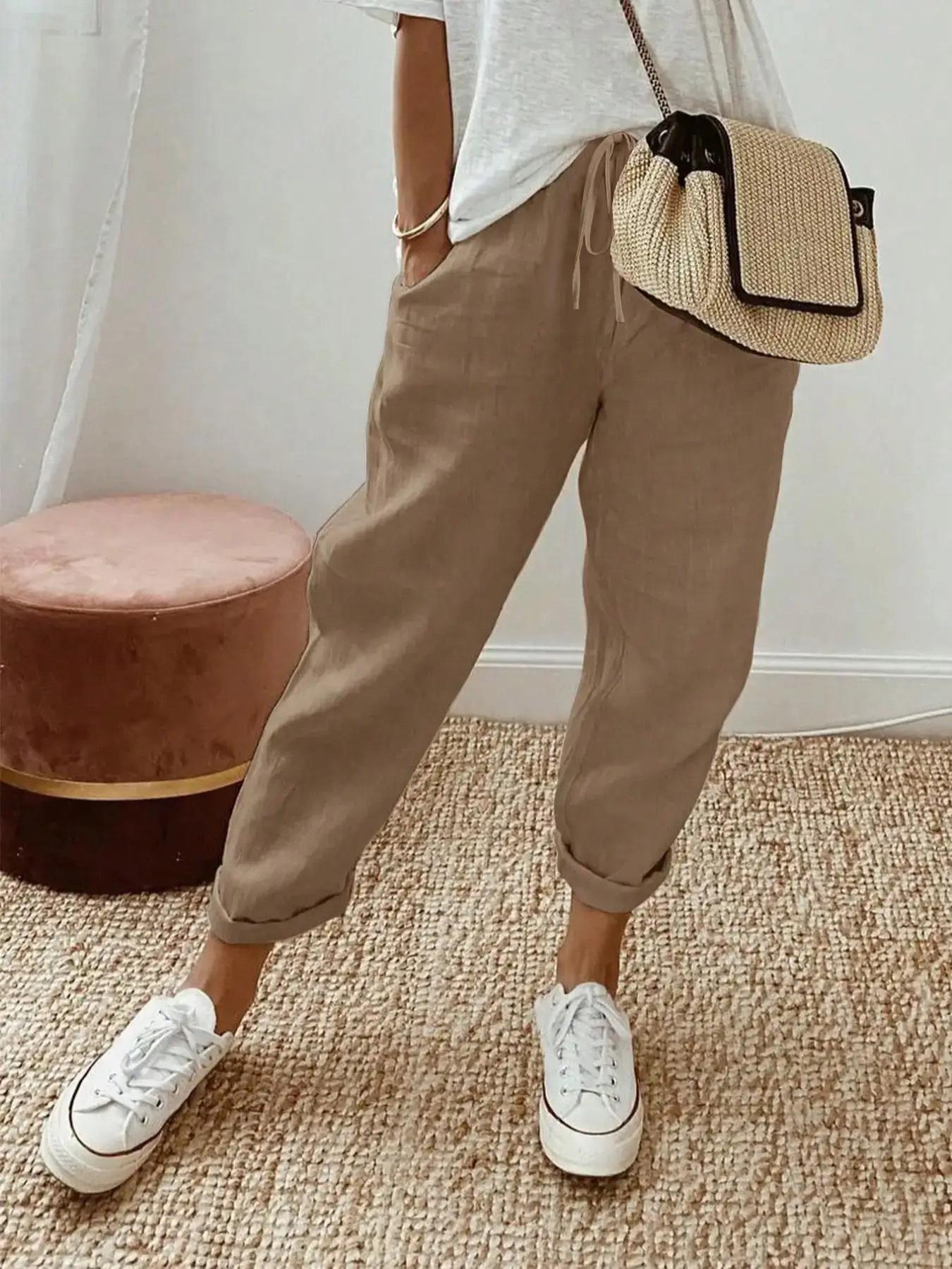 Women's Plain Pocket Drawstring Waist Straight Leg Pants, Casual Fashion Pants, Casual Comfy Trousers for Daily Wear, Ladies Bottoms for All Seasons