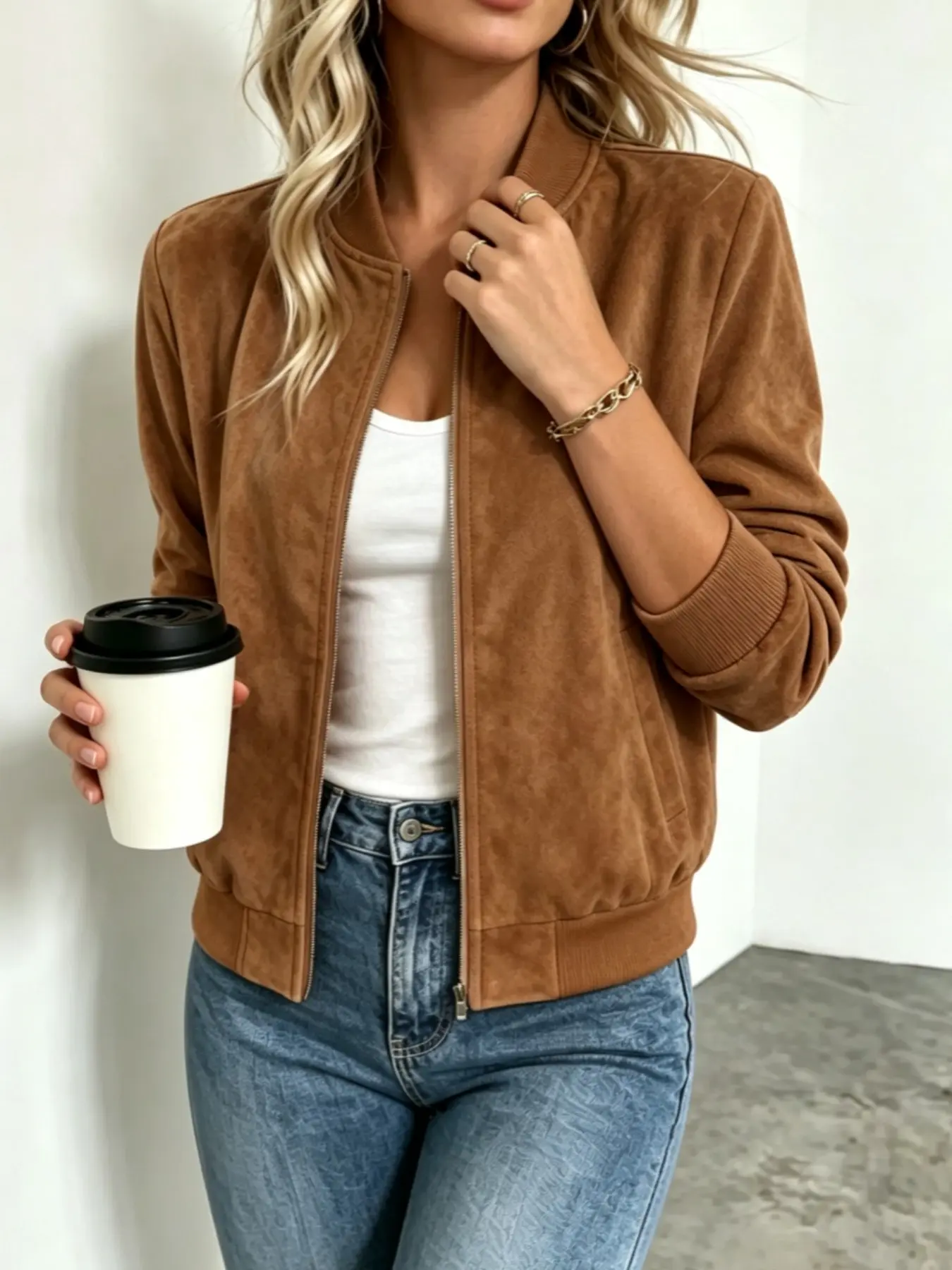 Women's Classic Faux Suede Baseball Jacket, Zipper Stand Collar, Elastic Hem and Sleeves, Casual Short Sleeve for Daily Wear