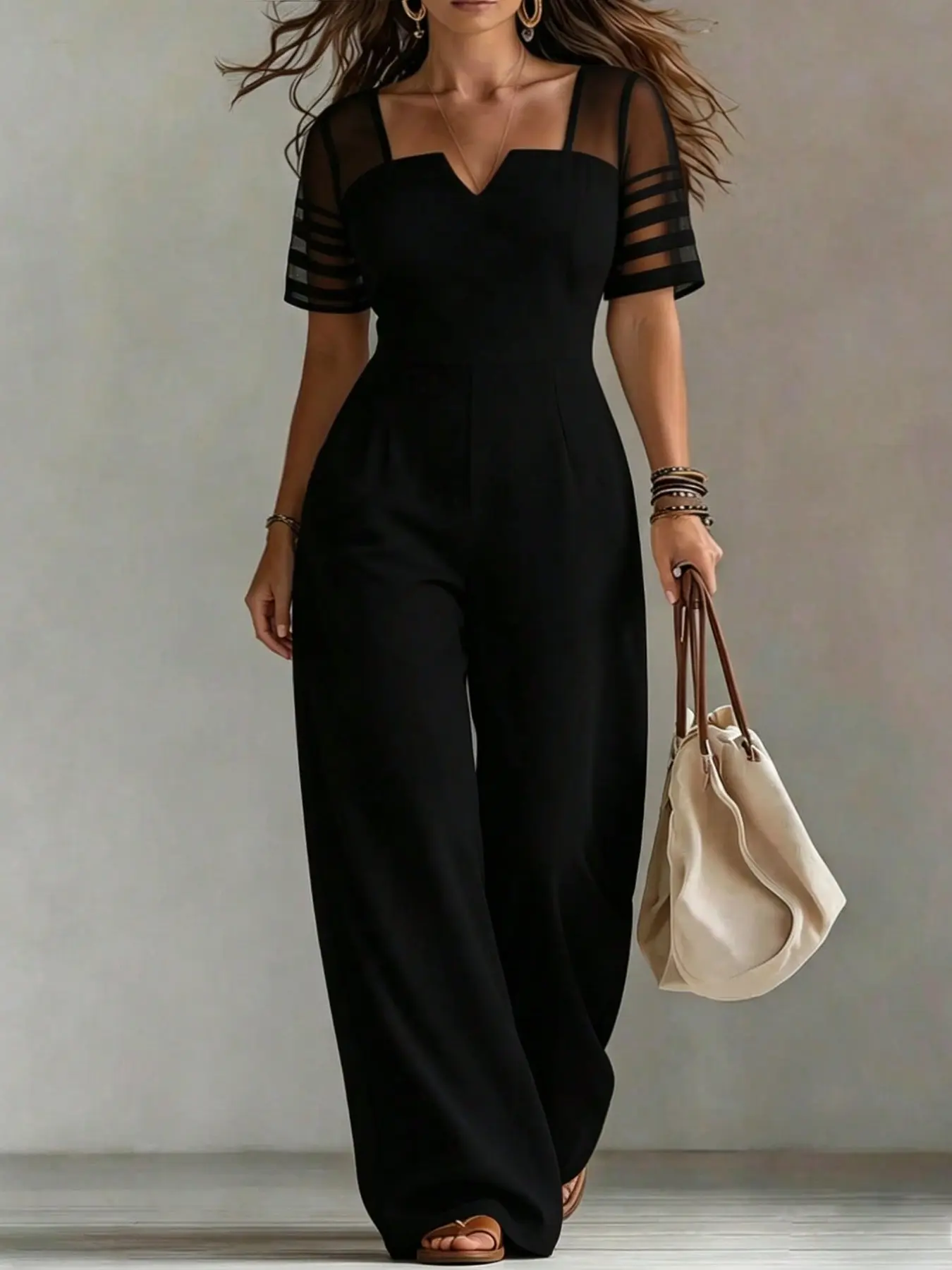 Mesh Patchwork Wide Leg Tailored Romper, Luxury Office Style, Sheer Striped Short Sleeve, Waist Cinch Slim Fit, Plus Size Women's Dress