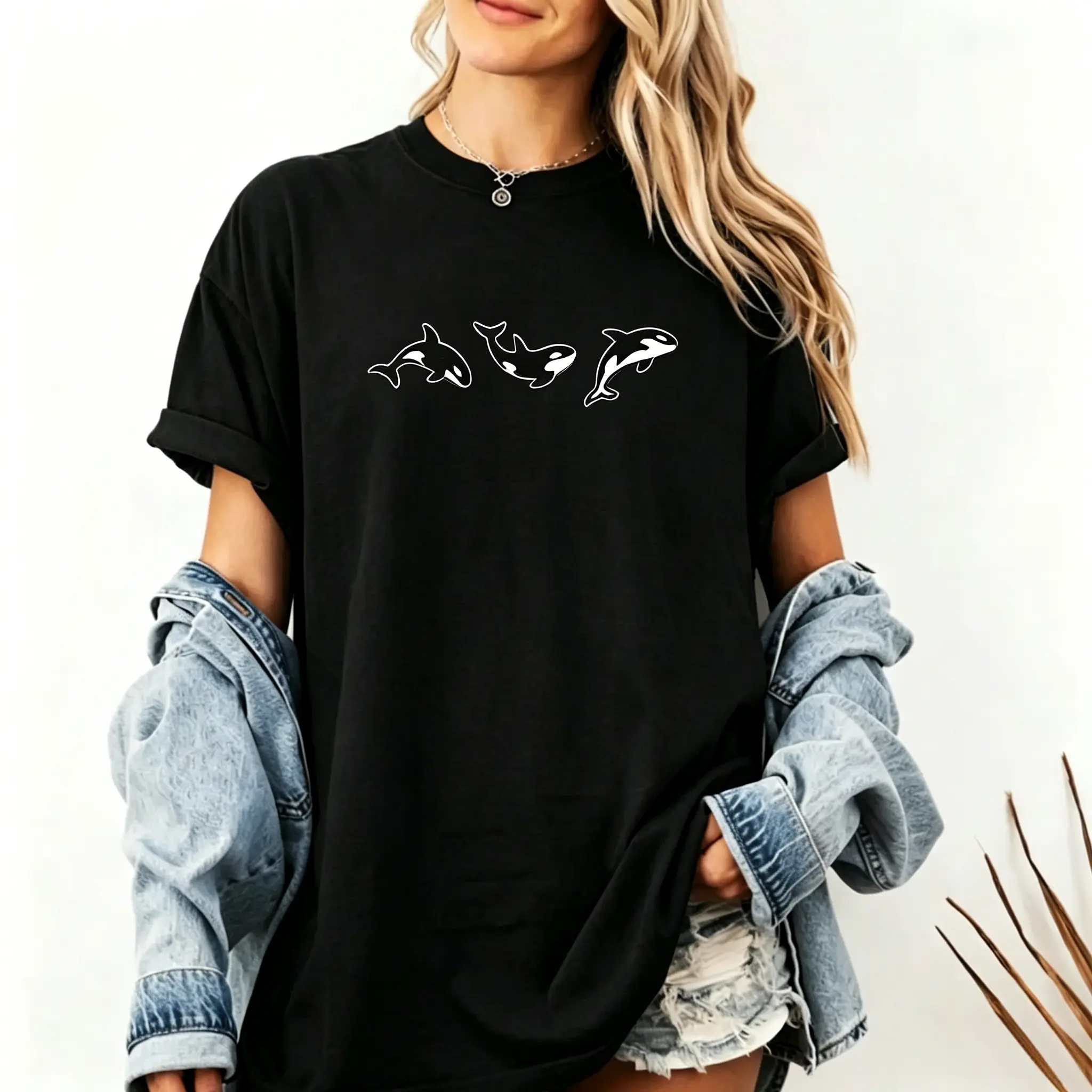 Minimal Whale Graphic Tee |   Black Orca Ocean Print T-Shirt |   Aesthetic Marine Wildlife Casual Top