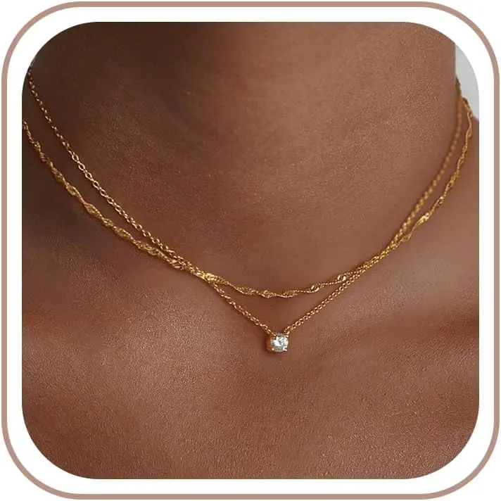 Gold Necklace for Women Non Tarnish Layered 14k Diamond Pendant Charm Gold Plated CZ Zirconia Chain Choker Stack Birthday Gift