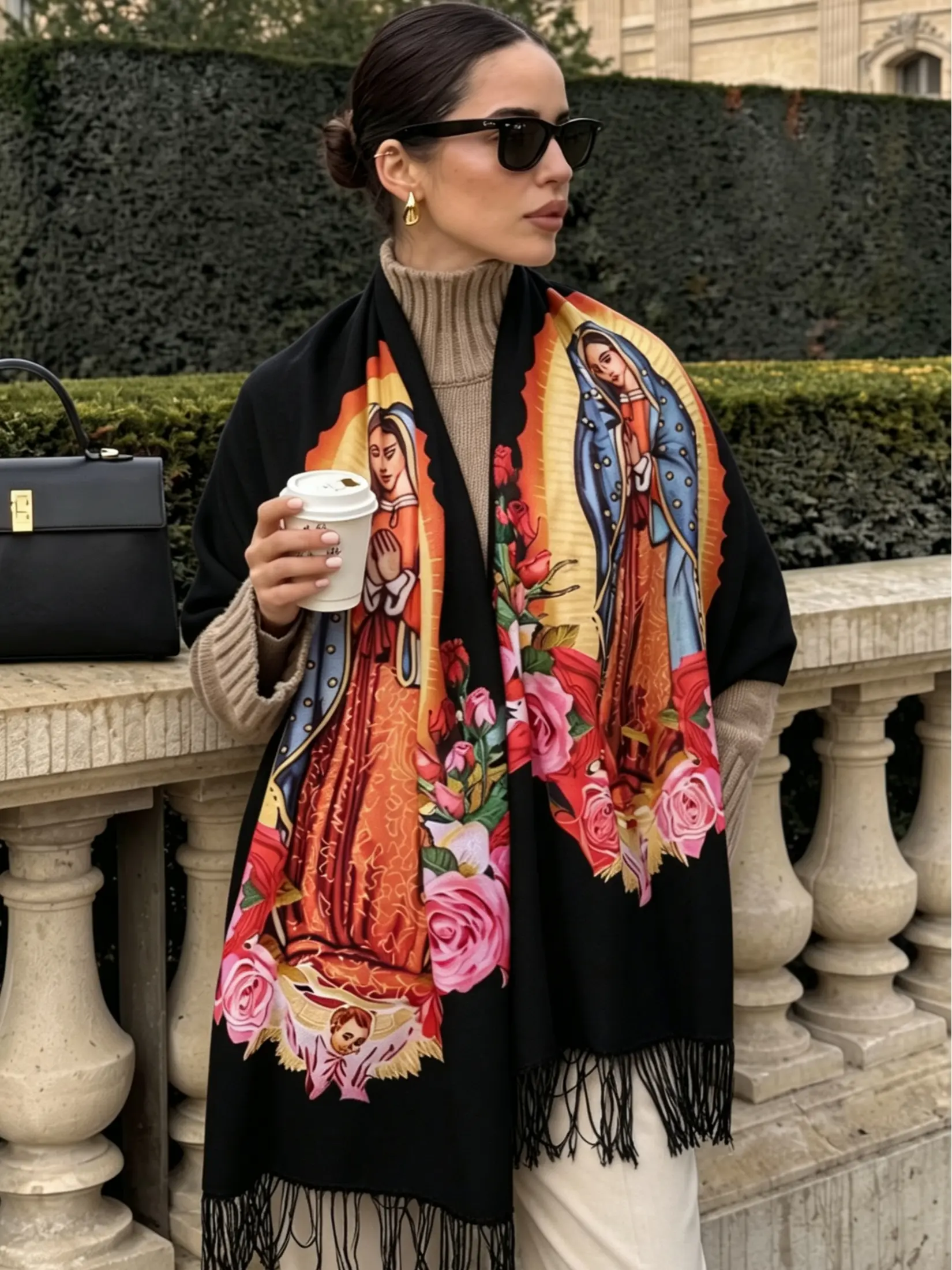 Women's Virgin Mary Rose Print Fringe Long Scarf, Thick Warm Cashmere Shawl, Religious Daily Outing, Perfect Gift for Holidays