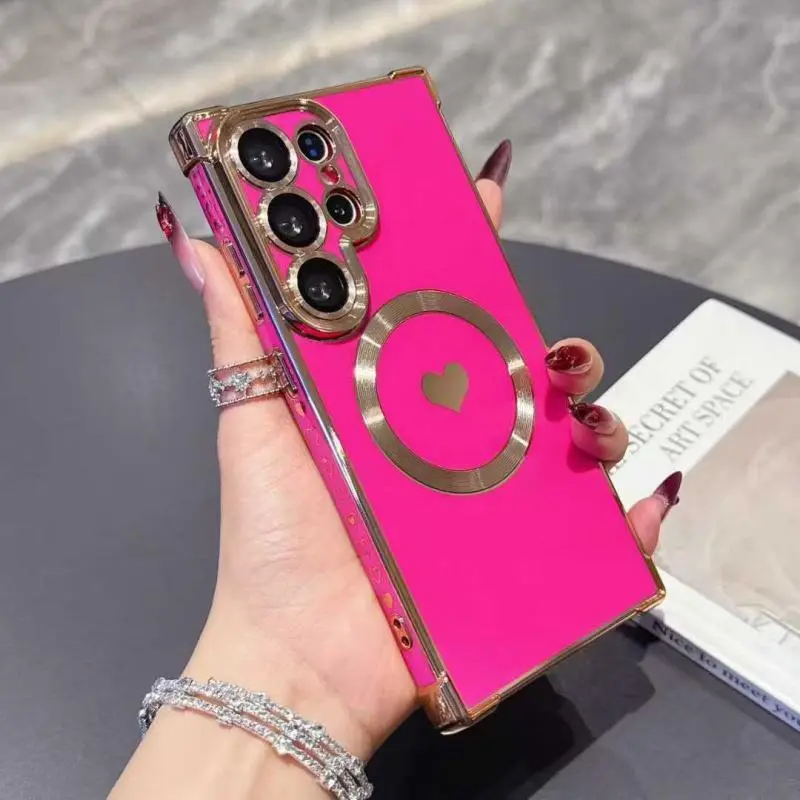 USUBIR Heart Shape Square Fit TPU Soft Silicone Protective Phone Case - Built-in Lens Guard, Magnetic Electroplated Shockproof Non-Metal Cover, Waterproof, Women's Accessory for Samsung S26/S25/S24 Ultra Series, Christmas Drop & Scratch Protection
