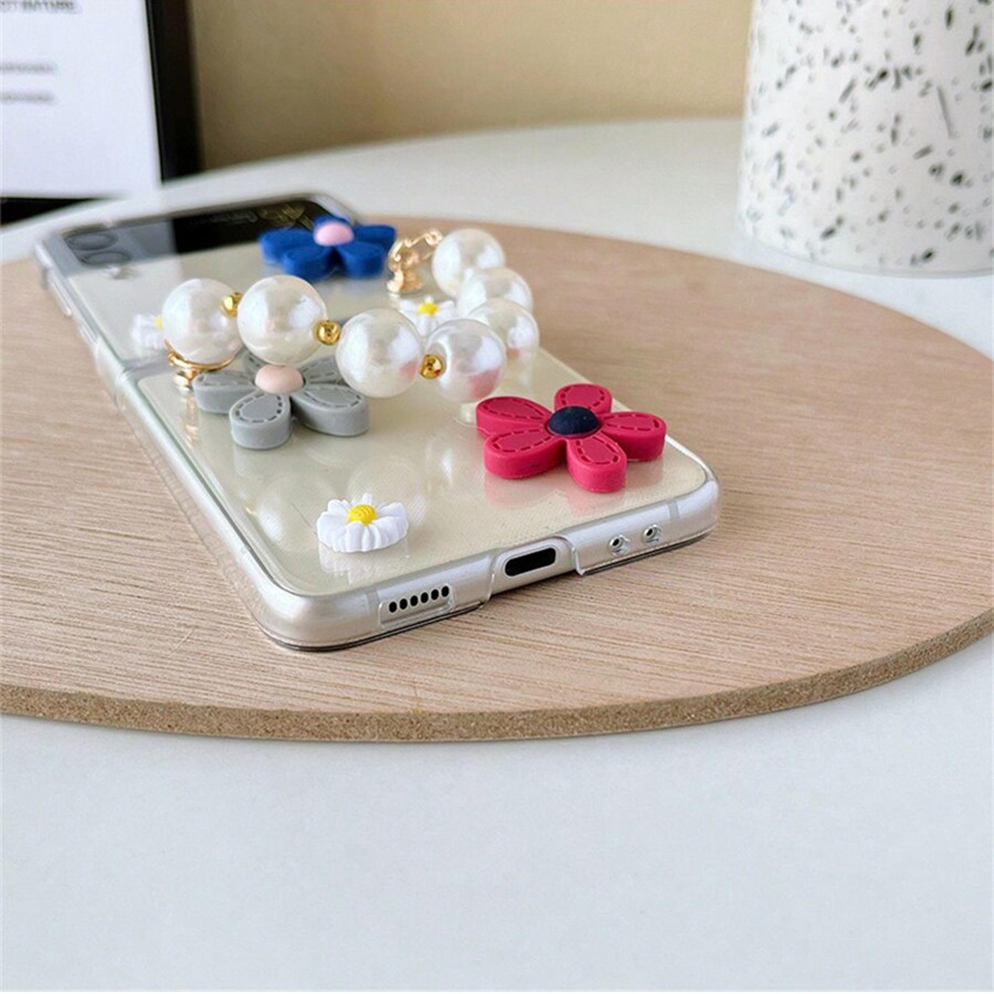 Cute Flower Design Phone Case with Pearl Chain, Fashion Phone Protective Cover, Phone Accessories Compatible with Samsung Galaxy Z Flip 3 4 5 6