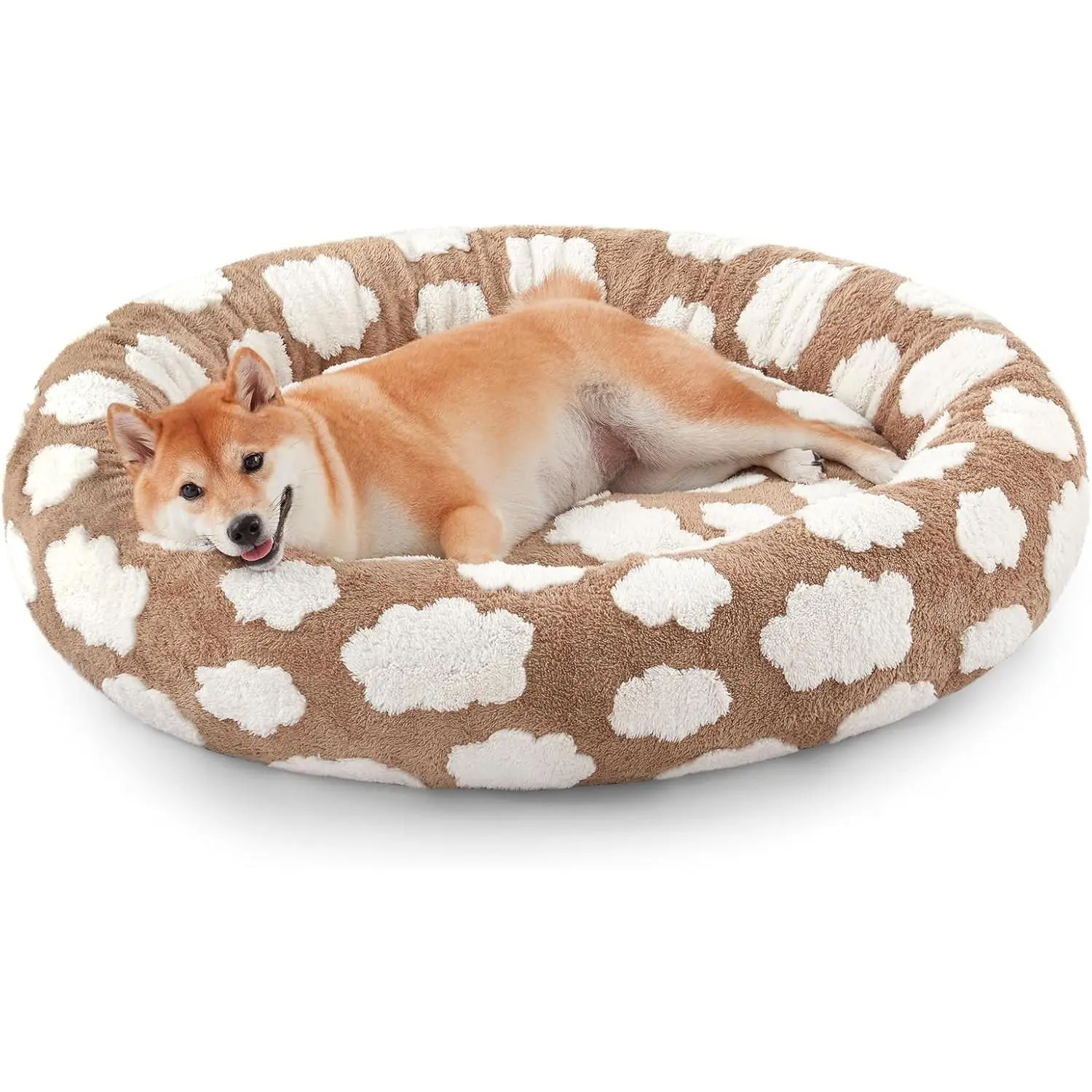 Donut  Bed Medium Size , Cute Round Calming  Bed with Removable Washable Cover,  Puppy Bed with Jacquard Shaggy Plush & Non Skid Bottom