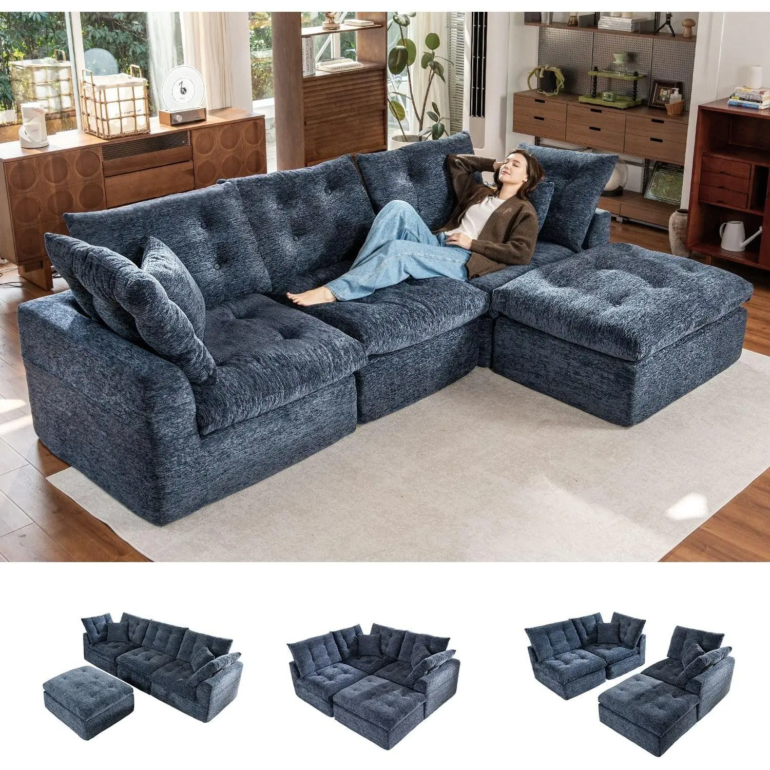 112" Oversized L-Shape Chenille Cloud Sectional Sofa - 3 Seats + Ottoman, Boneless Design, Storage Pockets, No Assembly Required, for Living Room, Bedroom (Blue) | Sofa Sectional Couch