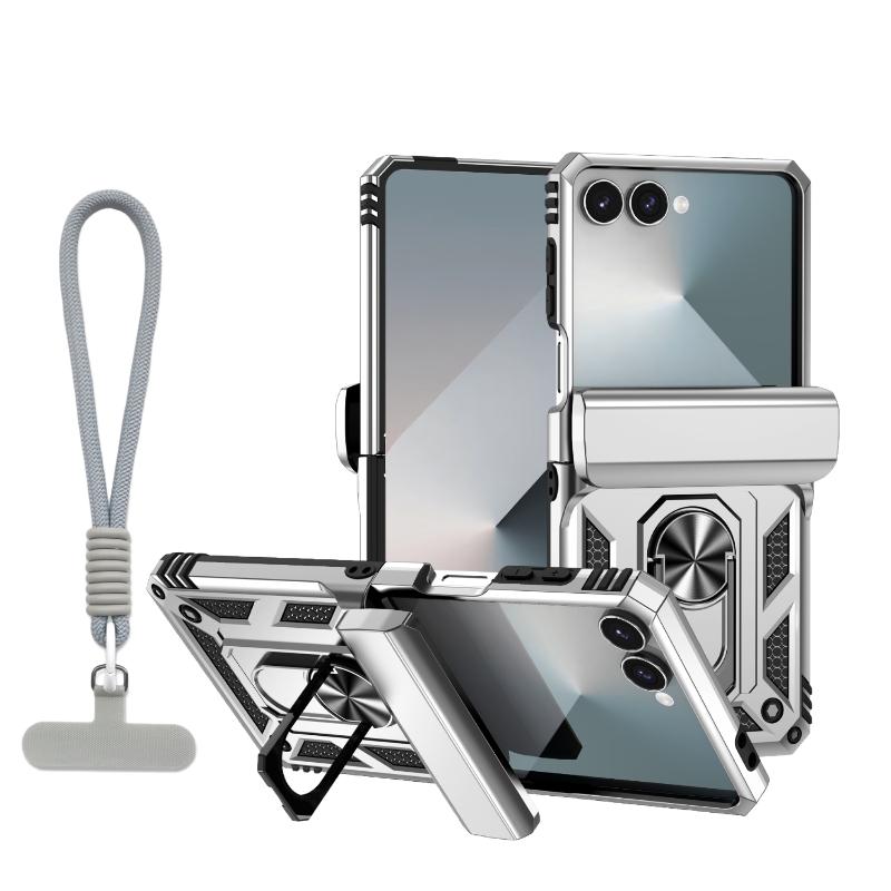 360 ° Rotating Metal Car Bracket Ring Solid Color Armor Lanyard Phone Case For Samsung Galaxy Z Flip 7 6 5 4 3 Protection Cover