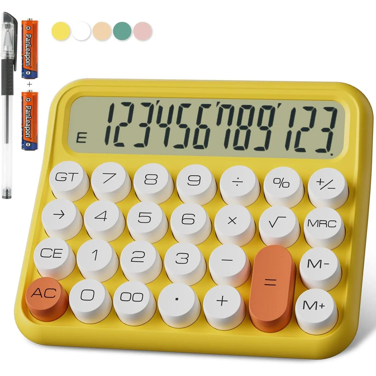 Mechanical Calculator 12 Digit, 5-Inch LCD Display,  Desk Calculator With Big Buttons, 15 Tilt Screen for Office and  (Yellow)
