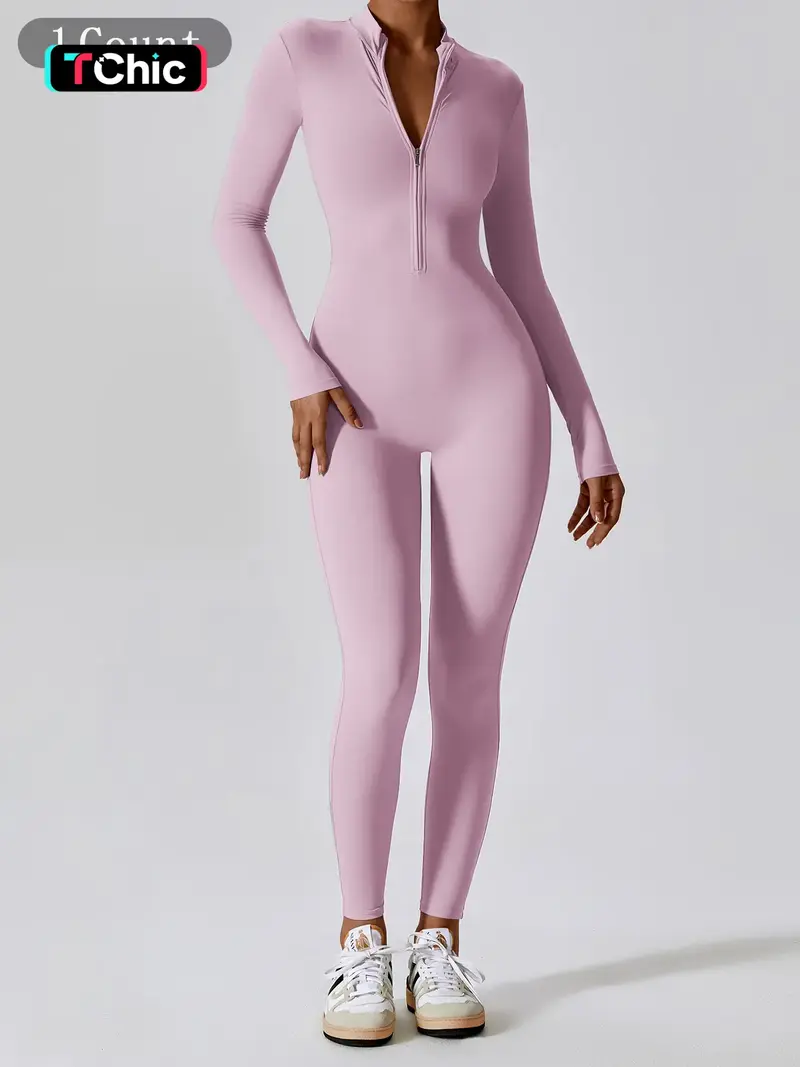 Women's Solid Zip Up Long Sleeve Sports Jumpsuit, Casual Sporty Comfy Jumpsuit for Yoga Gym Workout, Ladies Sportswear for All Seasons