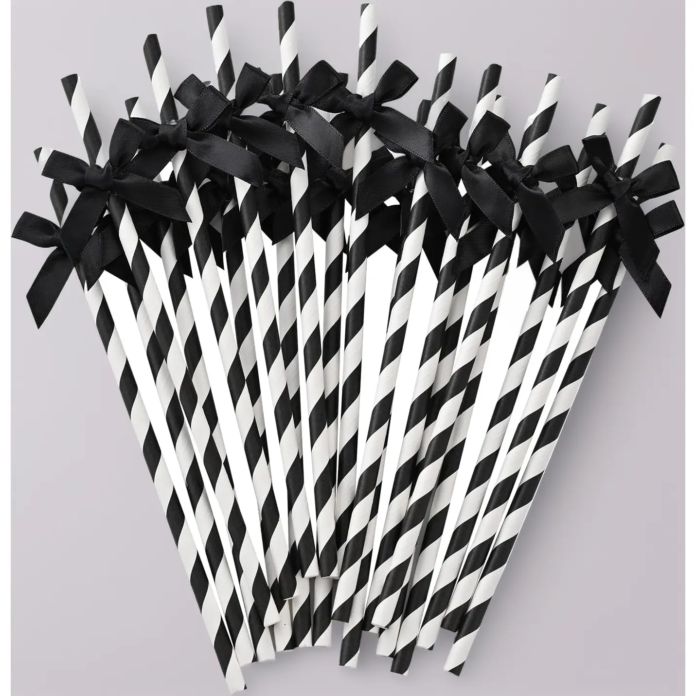 20 Black Bow Biodegradable Eco-Friendly Paper Straw Set, 7.7in Bow Top 50-Pcs Cute Drinking Straws, DIY Party Supplies & Decorations for Wedding Beverages (Juice, Coffee, Cocktail)