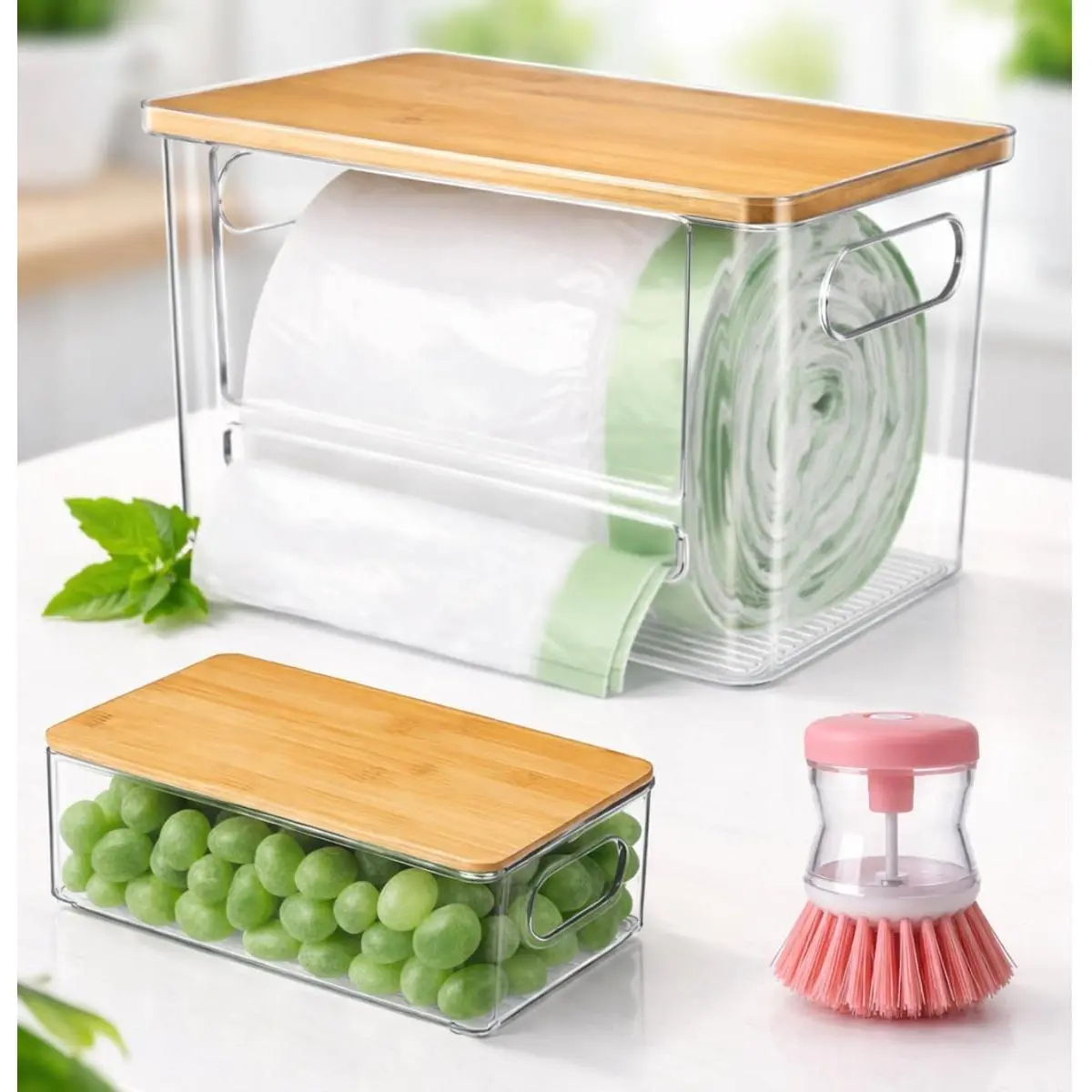 2-Pack Bamboo Trash Bag Holder Dispenser with Built-In Cleaning Brush & Liquid Container, Kitchen Tool for Under Sink/Laundry Room Storage Box, Plastic