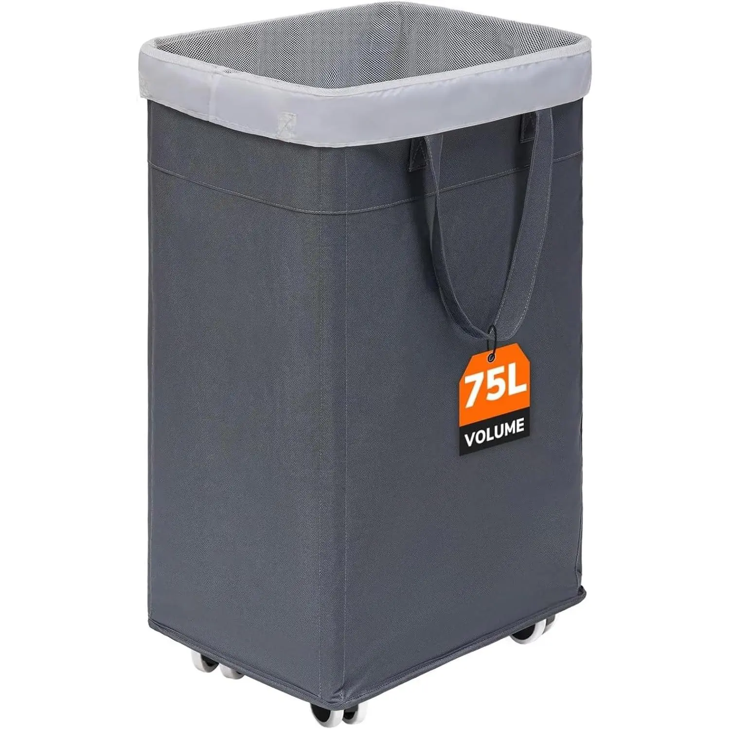 Grey 75L Rolling Laundry Basket with Wheels, Collapsible Home Organizer Storage Bin with Removable Wash Bag for Corner Dorms
