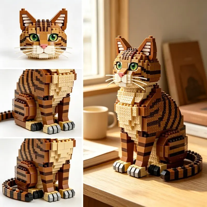 1010 Piece Striped Cat Building Blocks, Pet Model Display, Collection Set, Desktop Decor, Birthday Gift for Adults, Creative Pet Decoration