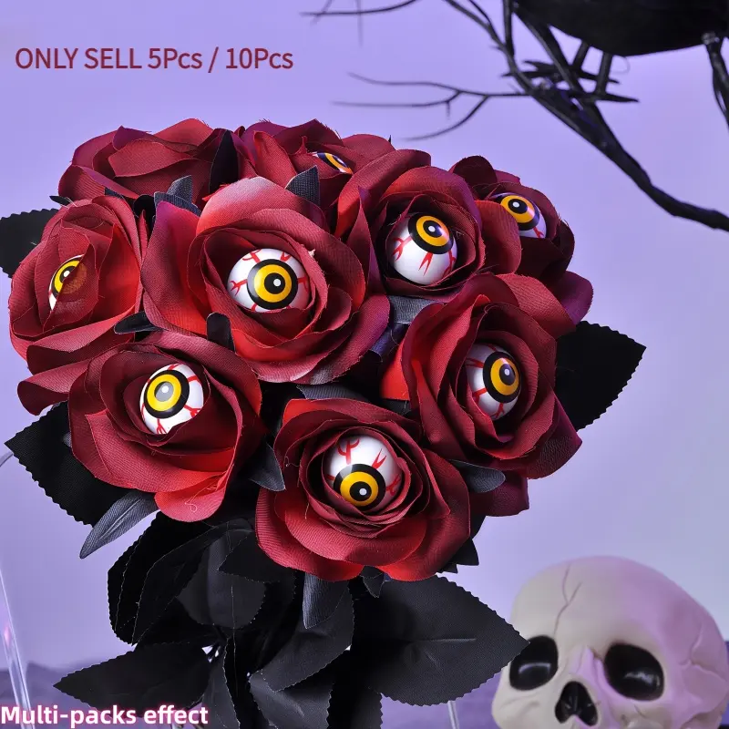 5/10PCS Gothic Burgundy Artificial Roses with Horror Bloodshot Eyeballs, Fake Fabric Flowers with Black Stems and Leaves, Halloween Spooky Decor for Party, Haunted House, Escape Room Scenery, Table Vase Arrangement