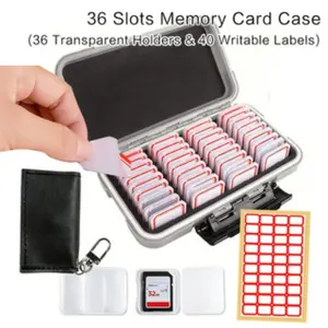 36 Slot Storage Card Box, Includes 36 Transparent Slots and 40 Writeable Labels, SD Card Organizer for Camera Memory Cards