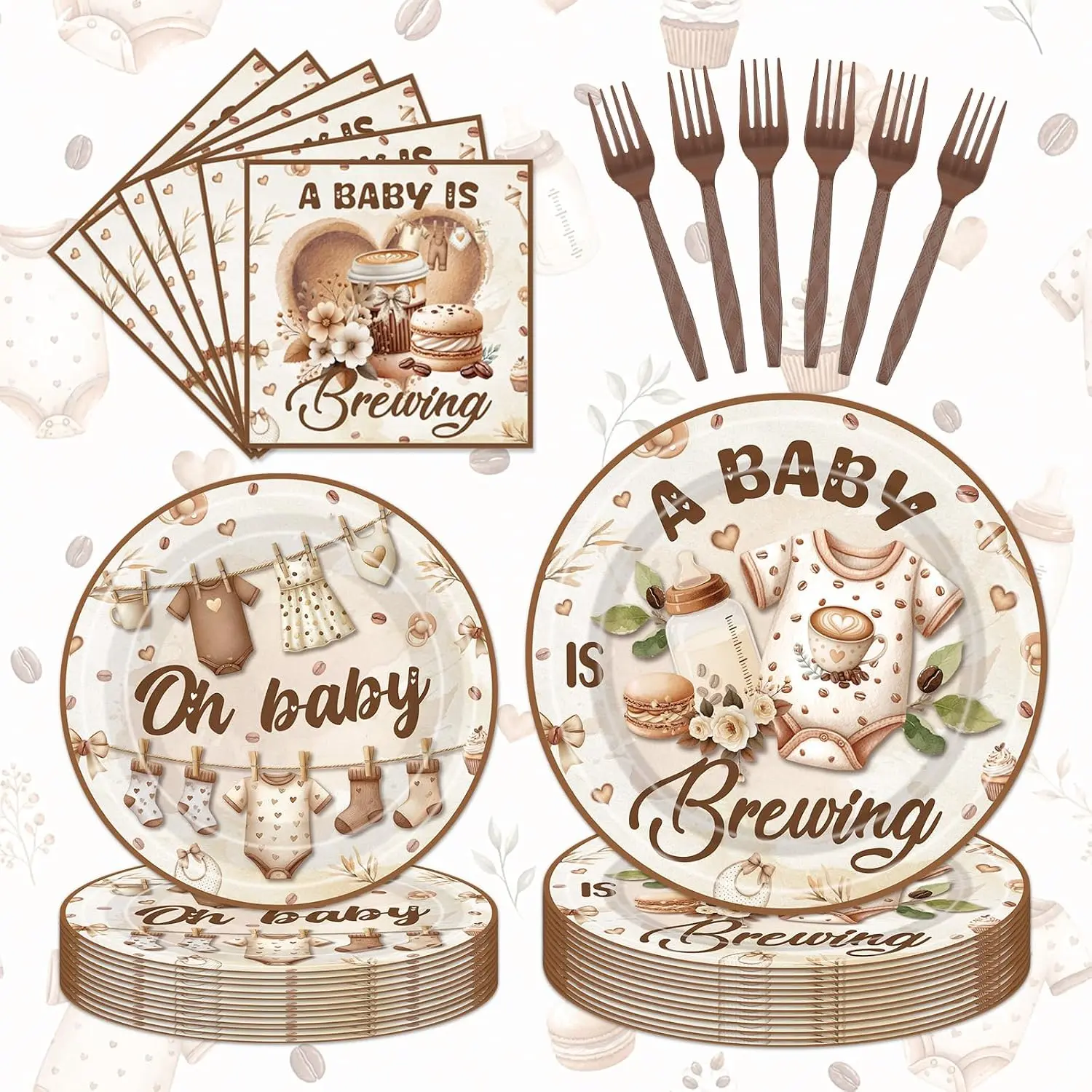 A Baby Is Brewing Baby Shower Decorations - 96Pcs Coffee Baby Themed Tableware Set includes Plates, Napkins and Forks for Gender Reveal Party Supplies, Little Bean Theme Party Table Decor