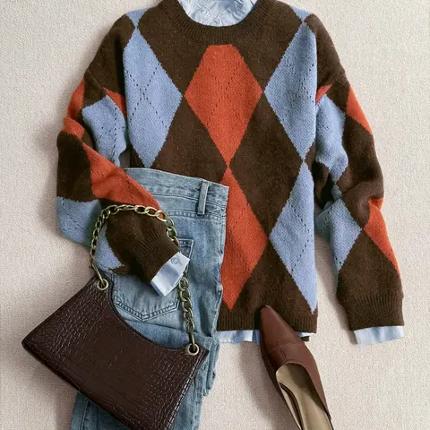 【Black Friday】Women's Autumn & Winter Sweater Pullover, Geometric Diamond Pattern Design, Round Neck Long Sleeves Loose Knitted, Comfortable Warm Fashion
