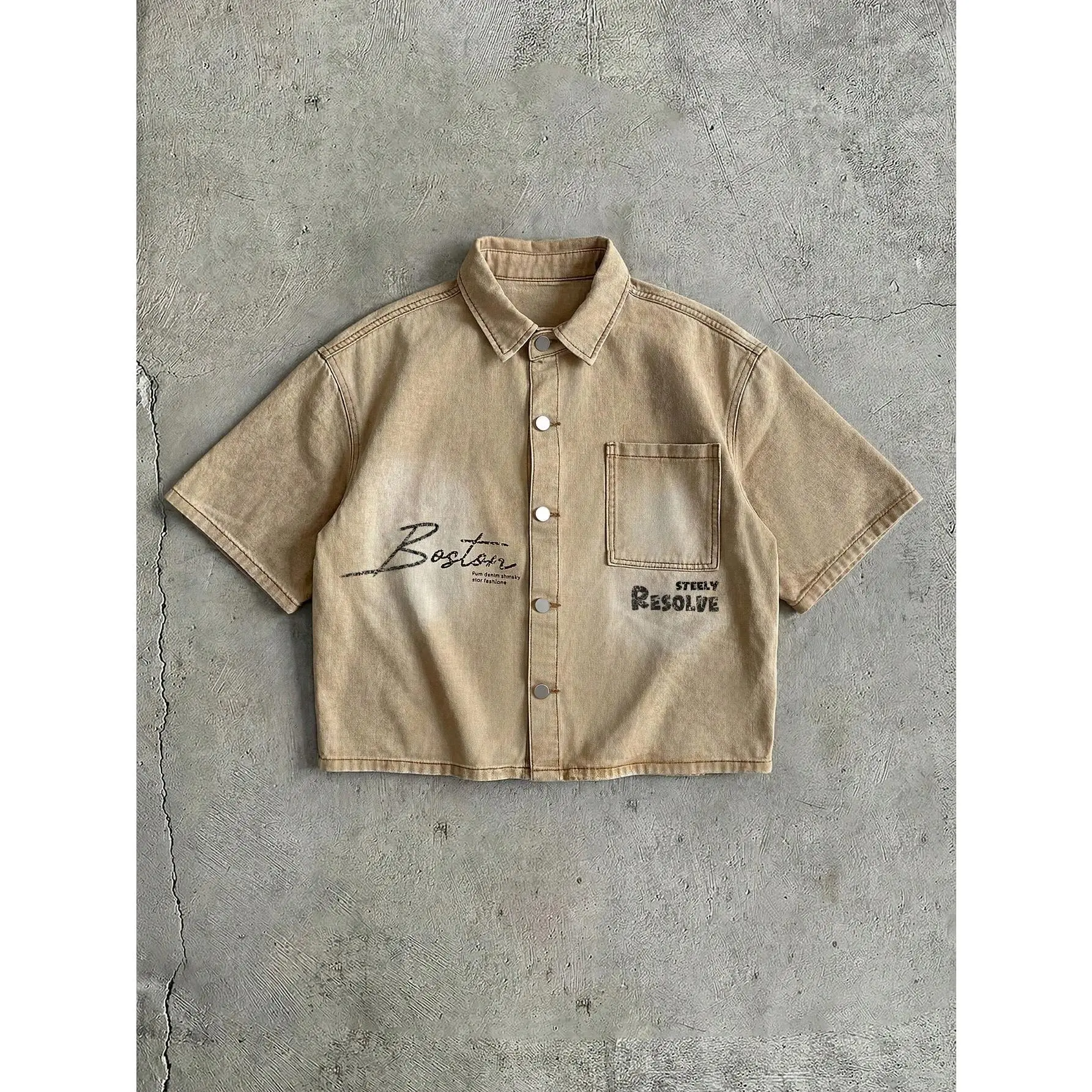Men's Washed Print Jacket, Brand High-End Lapel Stylish Short Sleeve Button Down Shirts Summer Casual Tops