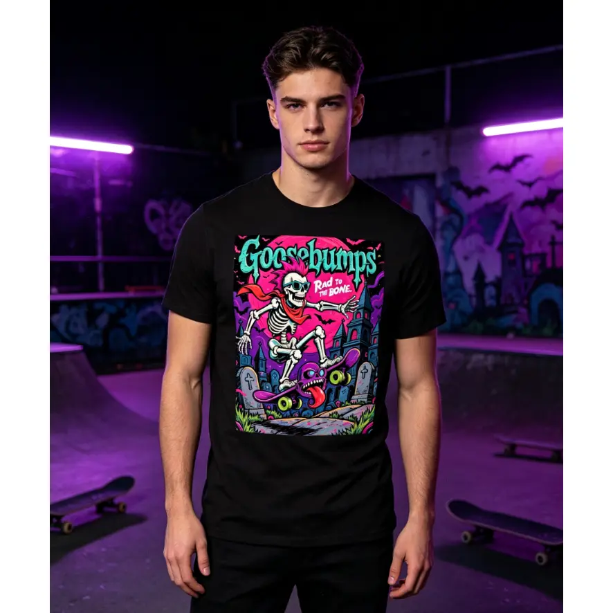 Retro Horror Skull & Bone T-Shirt & Skateboard Combo - Vintage Gothic Shirt Suitable for Daily Wear, Short Sleeve Round Neck Casual Outfit, Machine Washable Digital Print for Skateboarding and Everyday Style