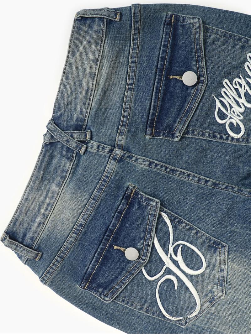 Women's Embroidered Button Pocket Flare Pants, Elegant Daily Wear, Fashionable All-Season Bottoms, Slim-Fitting Y2K Style