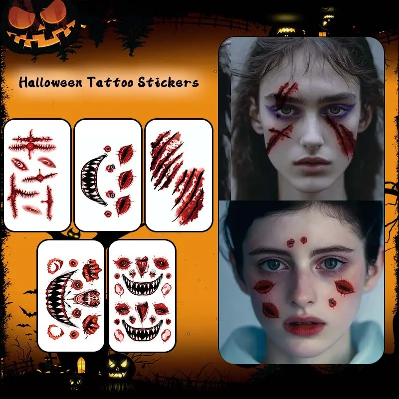 Halloween Horror Scratch Wound Mouth Lip Print Temporary Tattoo Stickers, Long-Lasting Waterproof, Realistic Fake Tattoos for Face, Hands, Arms, Legs, Chest, Collarbone, Back