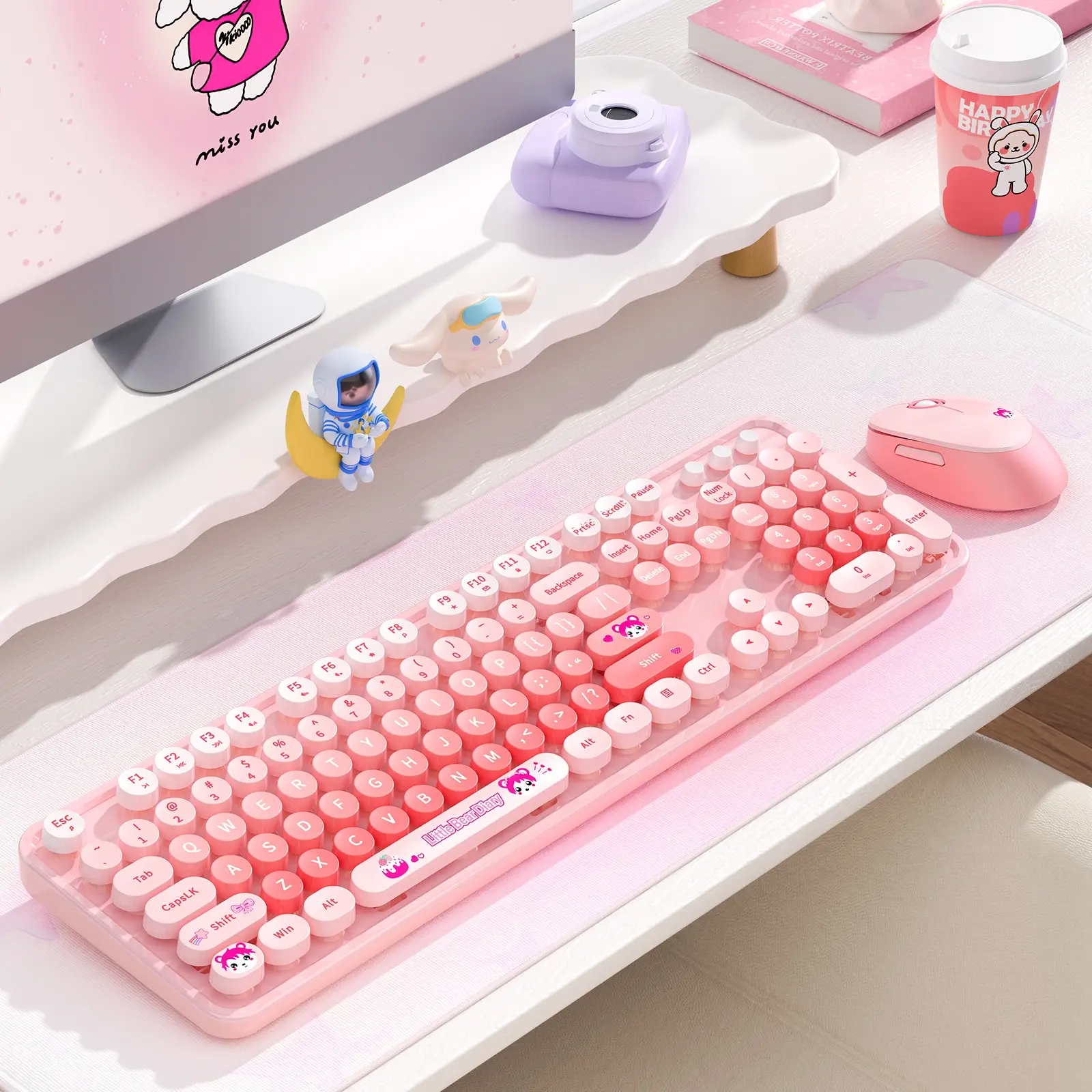 MOFii Pink Gradient Cartoon Round Keycaps Wireless Keyboard and Mouse Set, 2.4G Wireless Cute Office Combo for Girls, Compatible with Laptops & Desktops