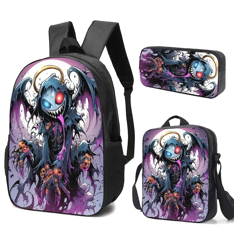Dark Fantasy-themed 3pcs Set Backpack, Pencil Case, Lunch Bag with Glowing-eyed Demon Print. Durable Fabric, Adjustable Straps, Large Capacity, Suitable for Daily Use or Travel.