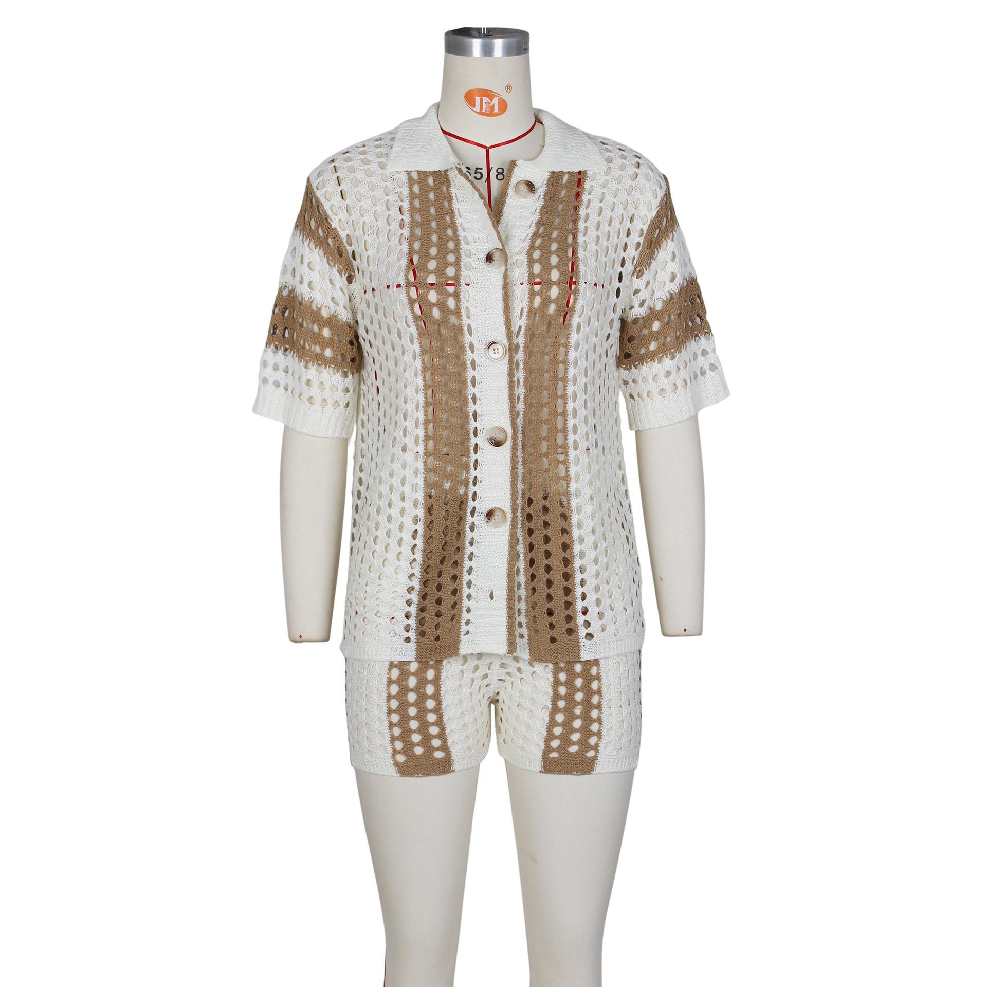 Short Sets Women 2 Piece Outfits Knit Color Block Short Sleeve Button Down Shirt and Shorts Set Color-Block Openwork Summer Vacation Style Two-Piece Set Hawaiian short-sleeved set