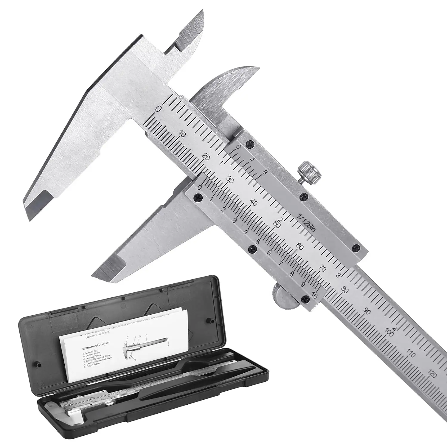 6inch /150mm Vernier Caliper Measuring Tool, Fractional Caliper, High-Hardness Steel Mechanical Micrometer, Non-Digital Slide Caliper, with Imperial/Metric Dual Scale, 0.02mm&1/ 128inch
