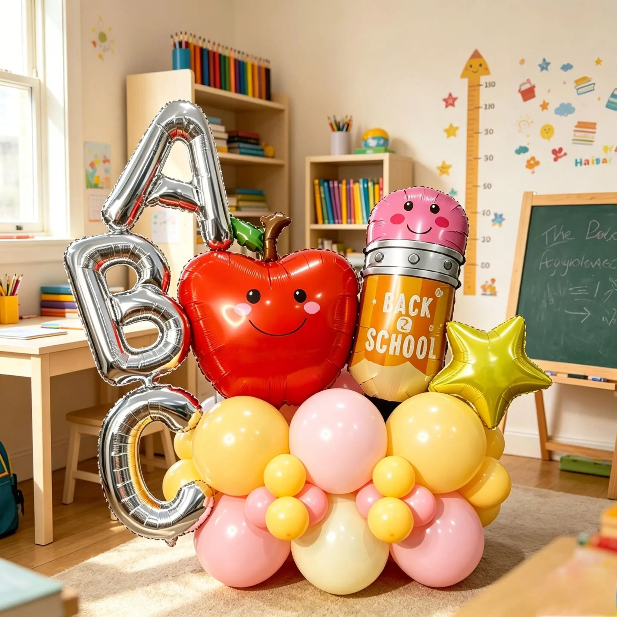 38 Piece Abc Back-To-School Theme Balloons, Silver Color Letters, Apple, Pencil Shapes, / Latex Balloons, Suitable for opening ceremony decorations，campus gate/classroom arrangements，School Supply Store，Arrange a back-to-school ceremony for your children.