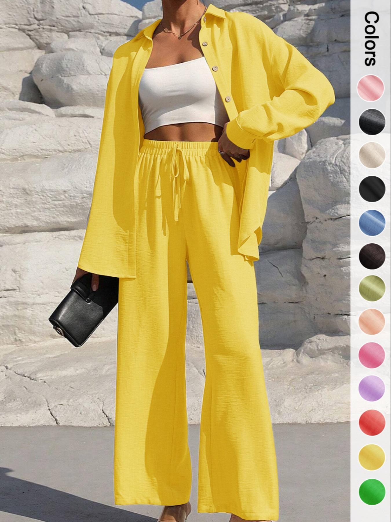 Women's Solid Button Front Shirt & Tie Front Wide Leg Pants Two-piece Set, Casual Drop Shoulder Long Sleeve Top & Trousers 2 Piece Set for Spring & Fall, Women's Clothes for Daily Wear, Loose Pant Sets, Casual Outfits Women Women's Solid Button Front Shirt & Tie Front Wide Leg Pants Two-piece Set, Casual Drop Shoulder Long Sleeve Top & Trousers 2 Piece Set for Spring & Fall, Women's Clothes for Daily Wear, Loose Pant Sets, Casual Outfits Women