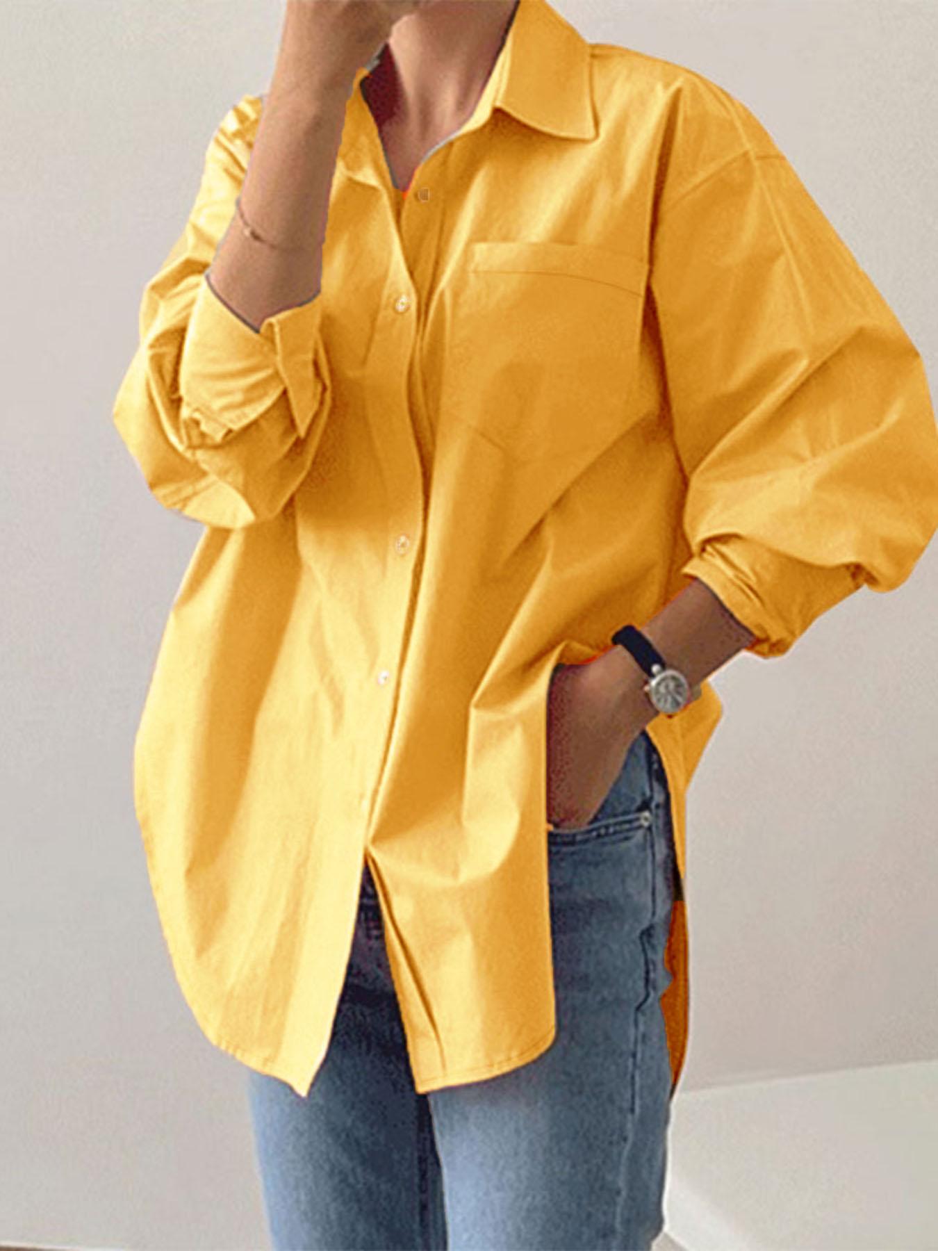 Women's Plain Button Front Drop Shoulder Shirt Blouse, Casual Loose Long Sleeve Collared Top for Fall & Winter, Quality & Durable Women's Clothing for Daily Wear