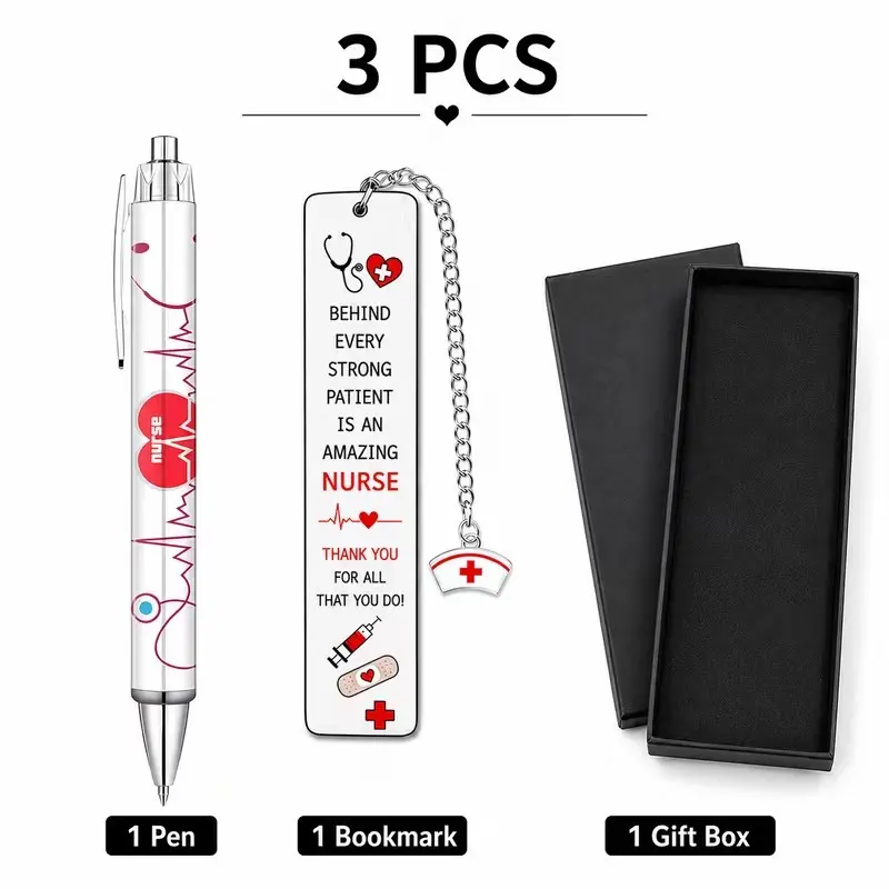3-Piece Nurse Gift Set for Women, Includes Ink Nurse Pen, Inspirational Stainless Steel Bookmark, Nurse Hat Charm, Perfect for Rn, Cna, Nursing Students