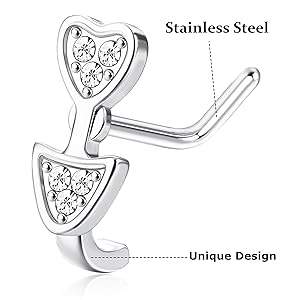 Sanfenly 8Pcs 18G Nose Ring Studs Surgical Steel CZ Heart Butterfly Flower Nose Rings L Shaped Nostrial Piercing Jewelry for Women Men Sliver Gold Rose Gold
