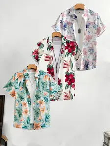 3-Piece Men's Tropical Floral Print Short Sleeve Shirt Set, Casual Fitted Blouse, All-Over Print, Plain Surface, China Origin