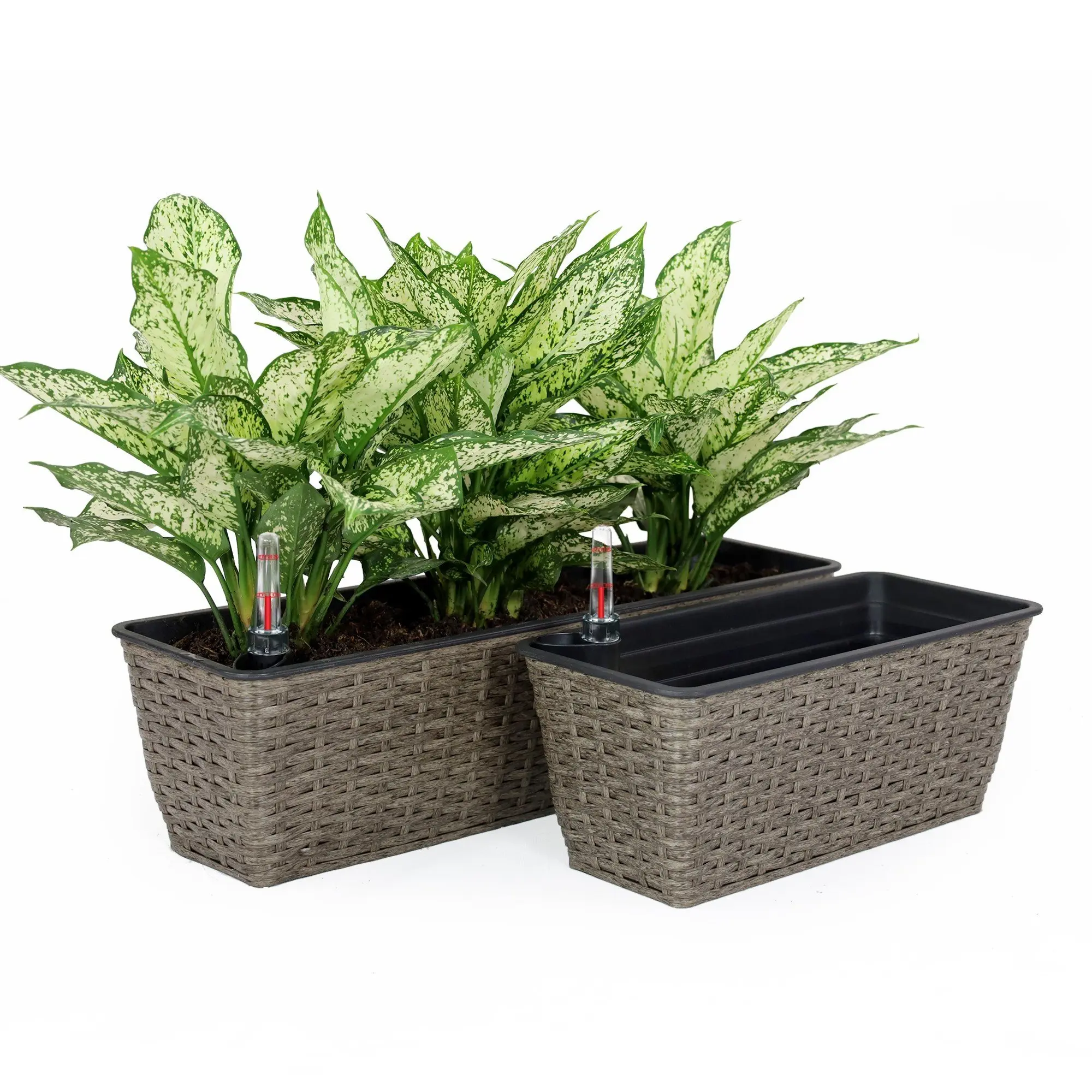 ARCH 2-Pack Self-Watering Rectangular Flower Pots, Hand-Woven Wicker Planters with Dark Gray Finish, Indoor Outdoor Garden Containers for Patio, Balcony, Windowsill, Home Decor, Set of 2, Garden Planter for Patio, Porch, Balcony, Entryway
