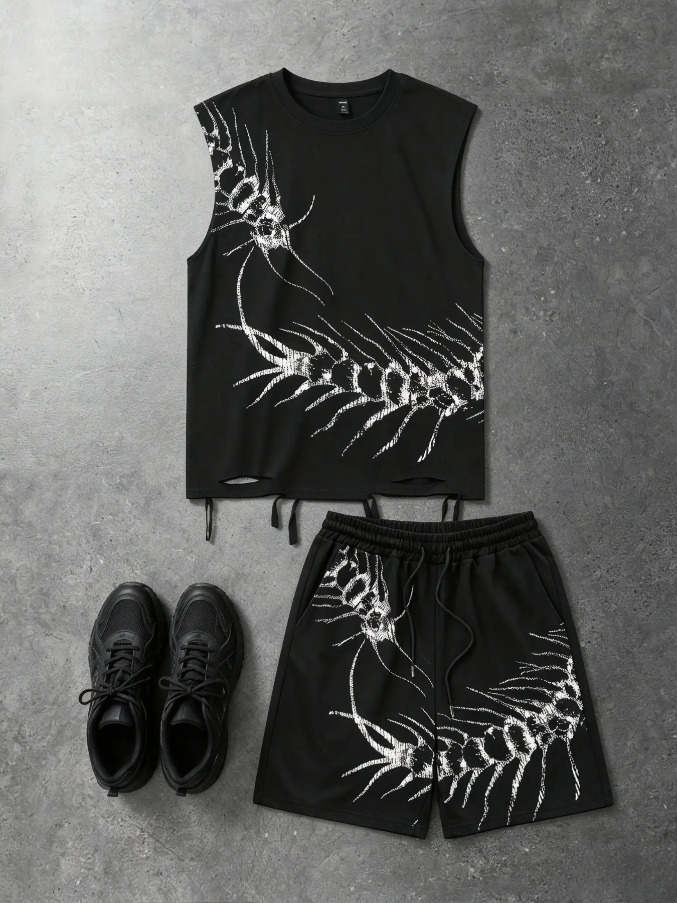 Men's Two-Piece Set, Gothic Centipede Print Ripped Hem Sleeveless Vest + Elastic Drawstring Casual Shorts, Y2K Dark Punk Hip Hop Streetwear