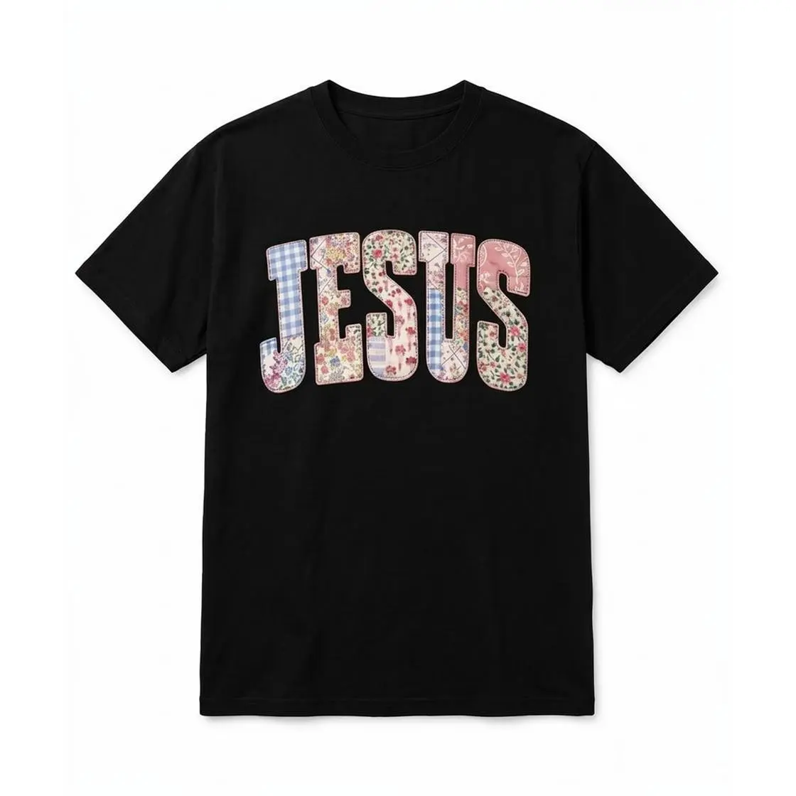 Jesus Patchwork Comfort Tee for Women | Cute Floral Gingham Faux Quilted Design Christian Graphic T-Shirt | Trendy Faith Based Religious Shirt | Preppy Cottagecore Aesthetic Sunday Best Tee | Soft Garment Dyed Style Faith Shirt Gift