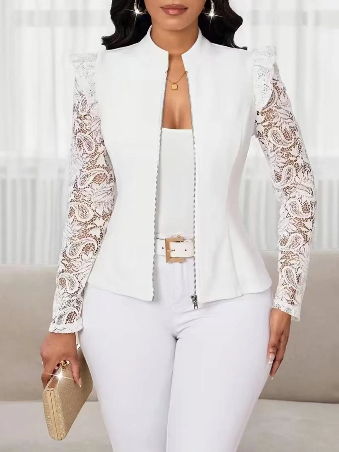 Women's Lace Patchwork Stand Collar Long Sleeve Dressy Blazer, Zipper Front, Slim Fit, Elegant Business Style, Office & Daily Wear Outerwear