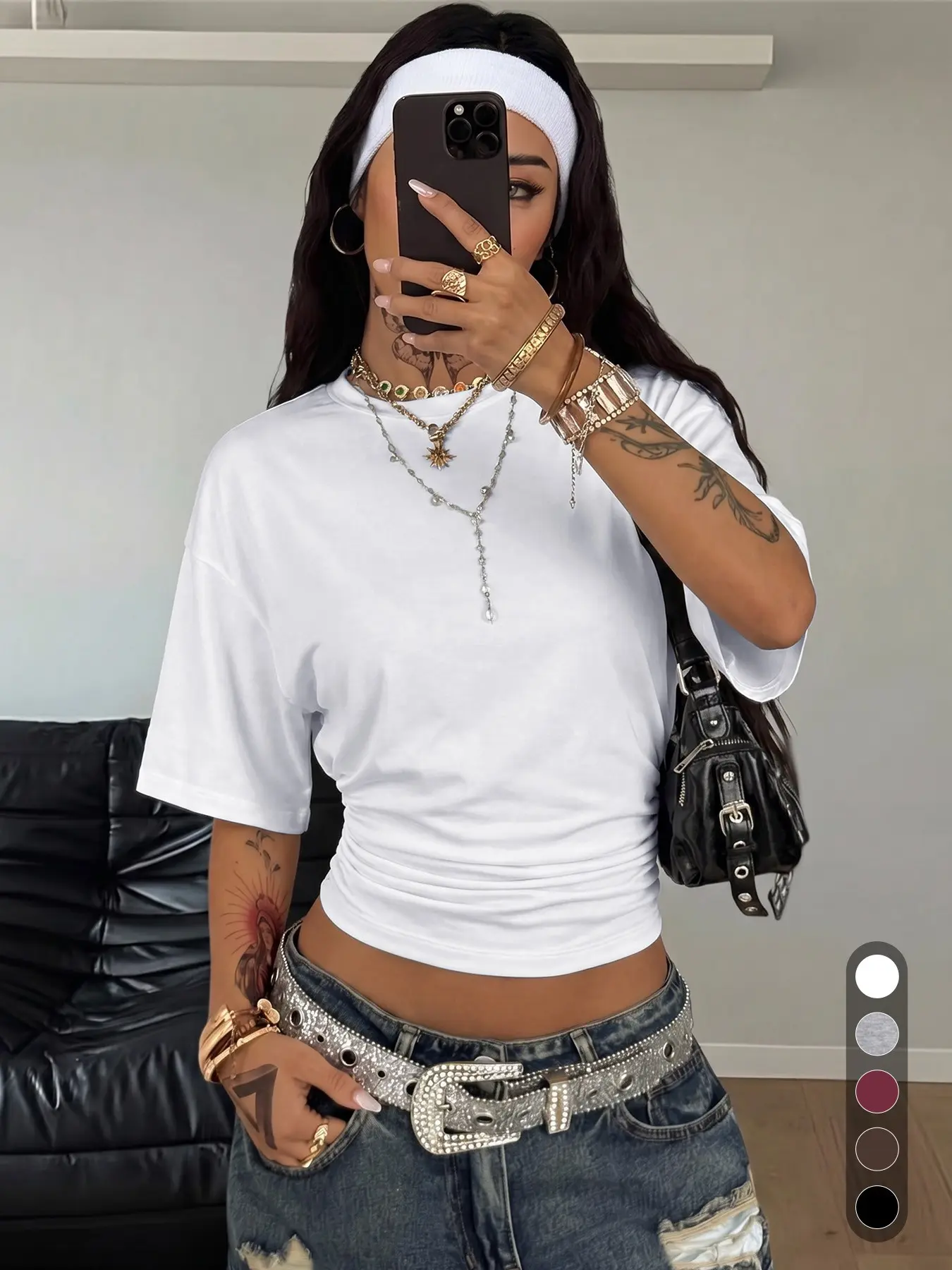 Women Crew Neck Short Sleeve Cropped T-Shirt, Side Ruched Slim Fit, Soft Stretchy Loose Drop Shoulder, Casual Everyday Wear Tops