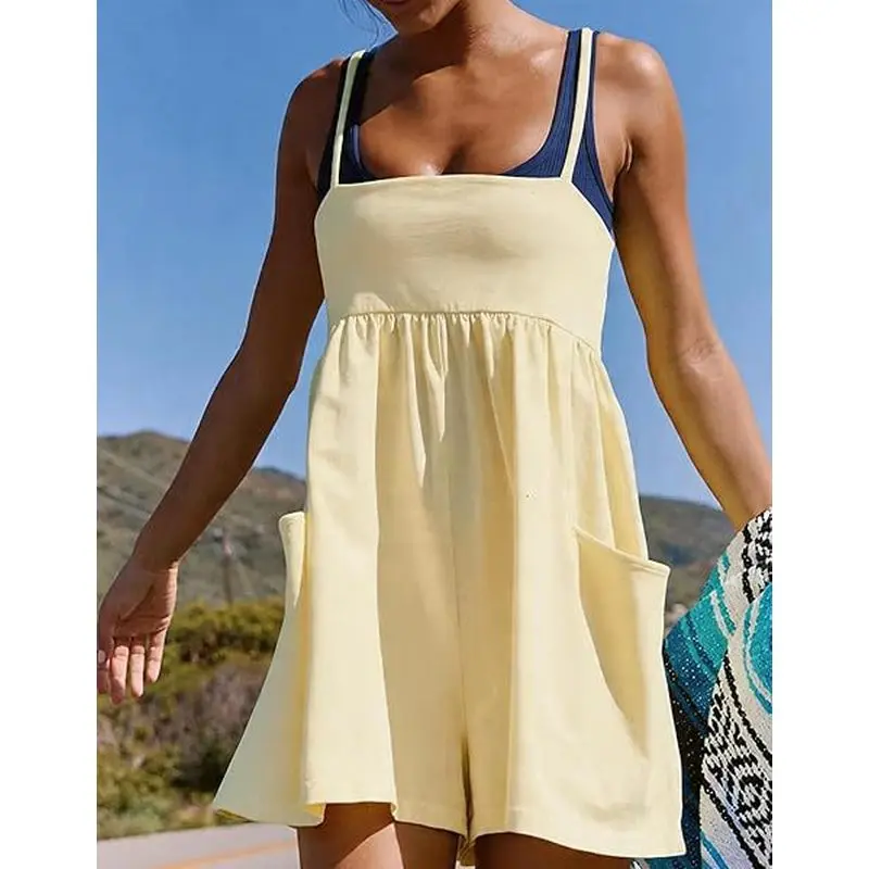 Summer Strappy Romper For Women Square Casual Oversized Workout Athletic Romper Neck Backless Spaghetti Strap Sleeveless One Piece Jumpsuit With Pockets Y2K Beach Vacation Outfit 2026 Summerwins
