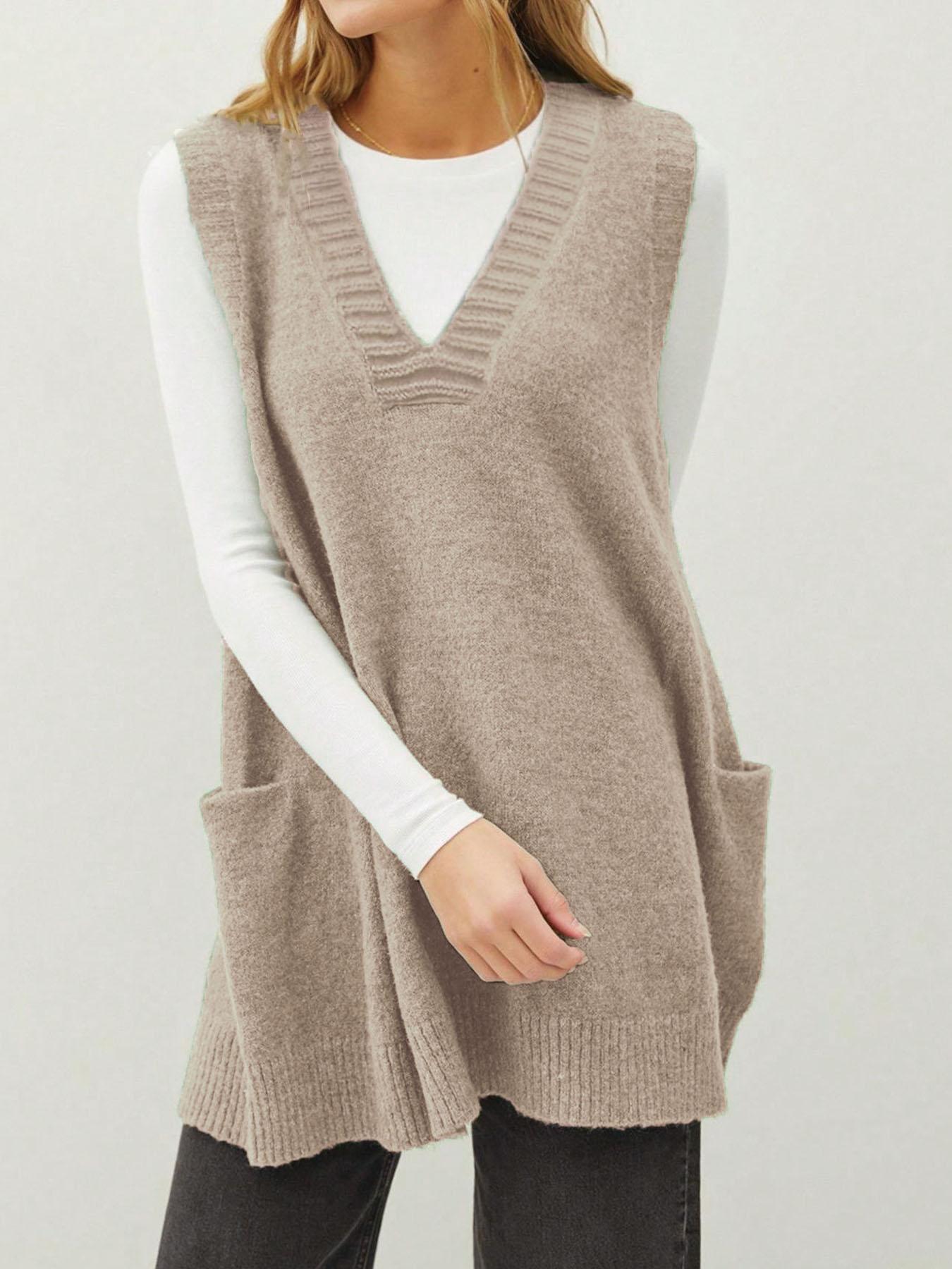 Plus Size Solid Color V Neck Sweater Vest, Casual Basic Sleeveless Knit Top for Daily Wear, Women's Plus Clothing Fit for All Seasons