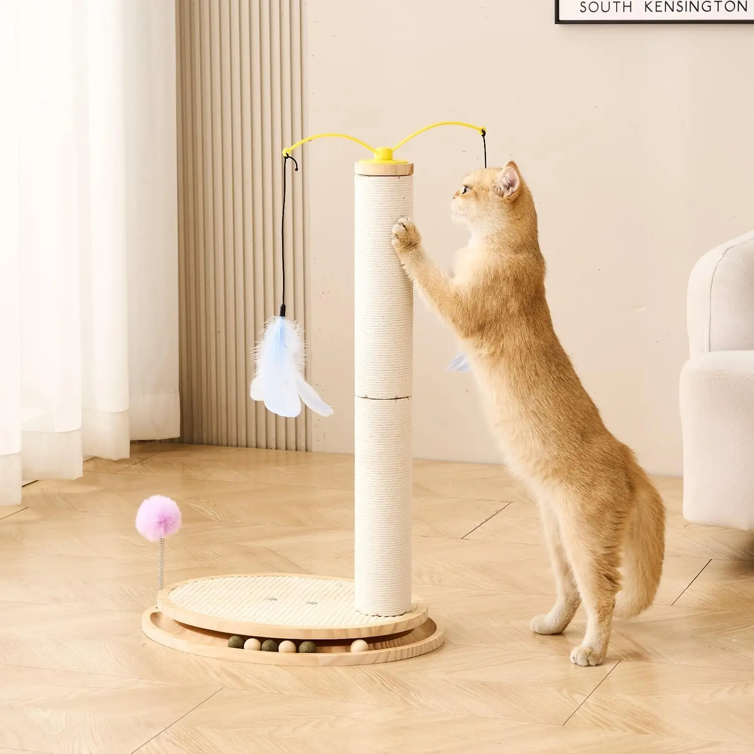 Tree   Scratcher, 26 Inch Tall, Solid  Base,Sisal Rope, Interactive Ball Track and Spinning Wand  Toys, Scratch Pad