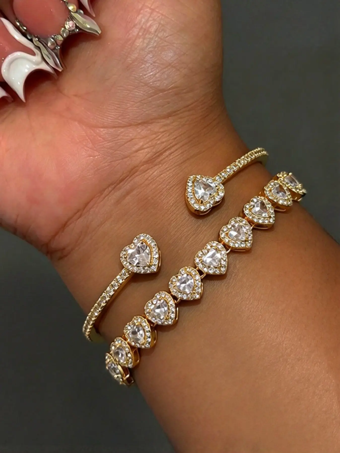2 Piece Elegant Heart Shape Zircon Bracelet Set, Women's Luxury Party Jewelry, Stackable Bangle, Stacked Bracelets, Perfect for Daily Wear and Gifts
