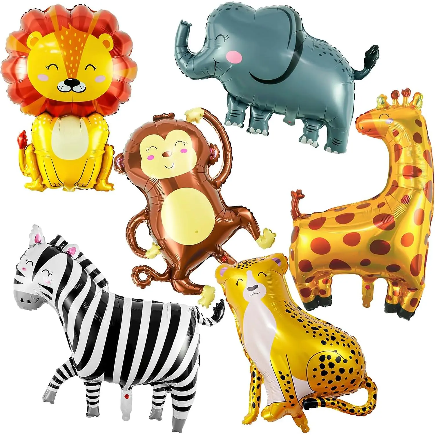 6 count Giant Safari  Balloons, Lion  Giraffe Monkey Elephant Leopard Foil Mylar Balloons for   1st Birthday Party Decorations, Jungle Zoo Theme  Shower Supplies