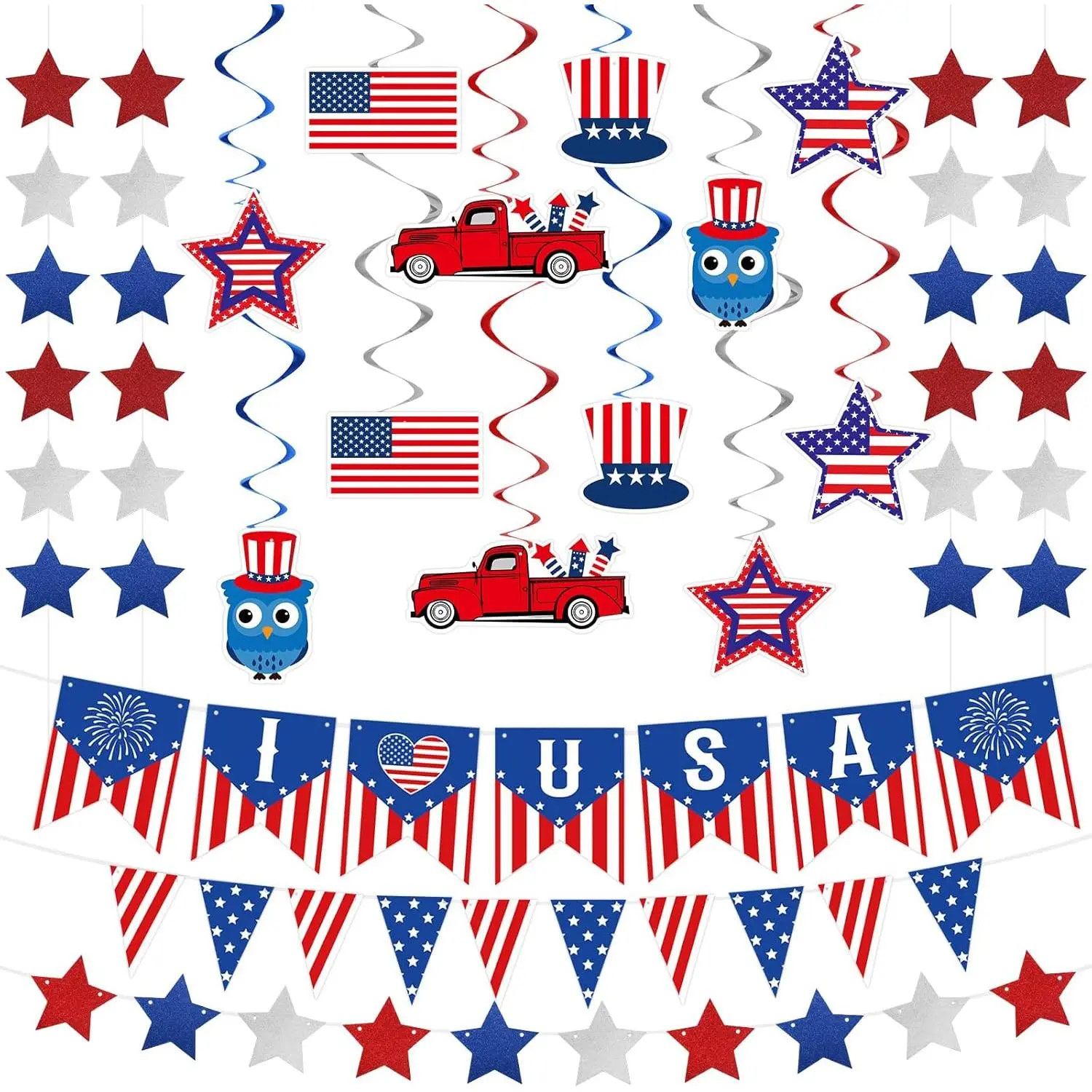 31 Pcs 4th of July Patriotic Decorations for 250th Anniversary, Love USA Banner American Flag Red White Blue Star Streamer Pennant Hanging Swirl Decor for Independence Day, Veterans, Memorial