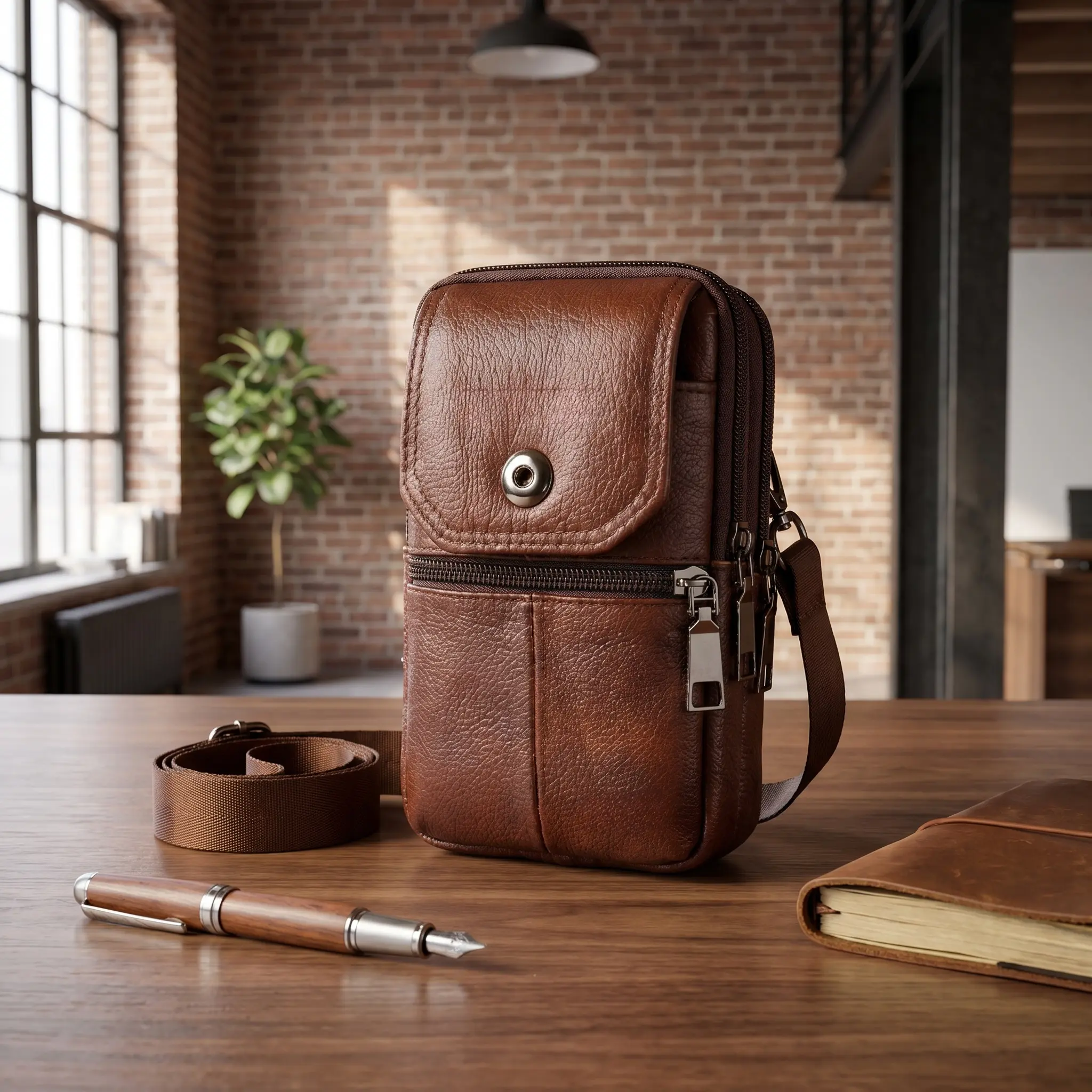 Genuine Leather Phone Bag For Men Business Commute Waist Bag Crossbody Vertical Style Zipper Buckle ID Card Slot Construction Work Hanging Bag