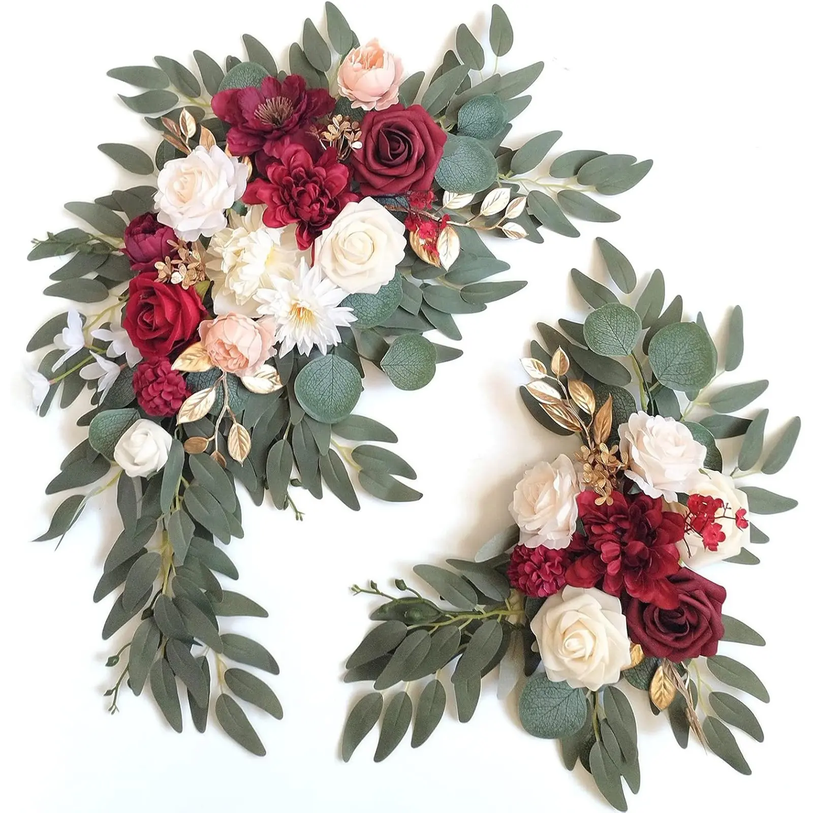 2 PCS elegant and noble red artificial flower wedding arch decorations, paired with romantic red and white roses, bright red dahlias, and pink peonies, is ideal for receptions and home decorations