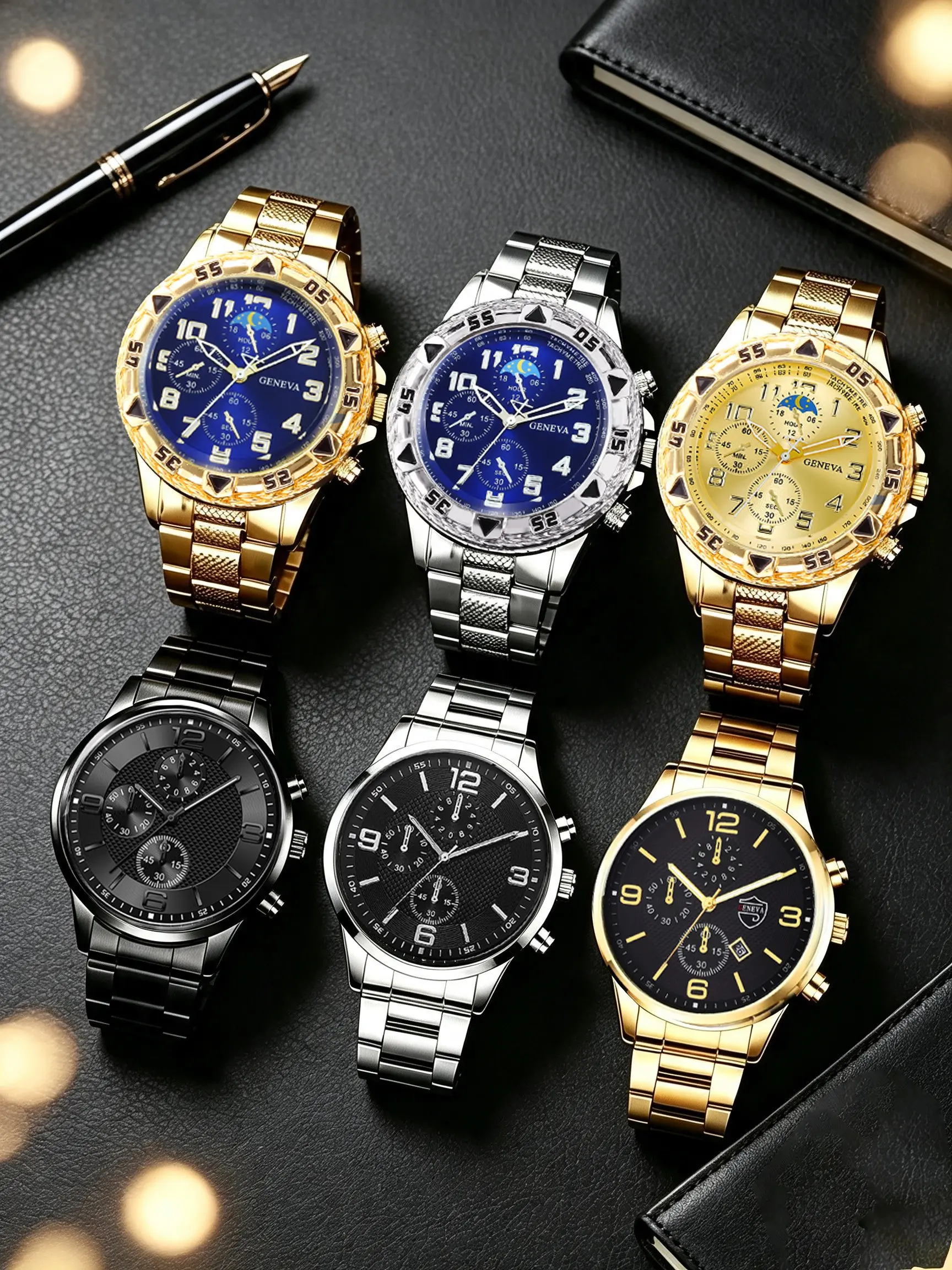 6pcs Men's Business Steel Band Watch Set, Casual Daily Wear, Father's Day Christmas Birthday Gift, Elegant Style