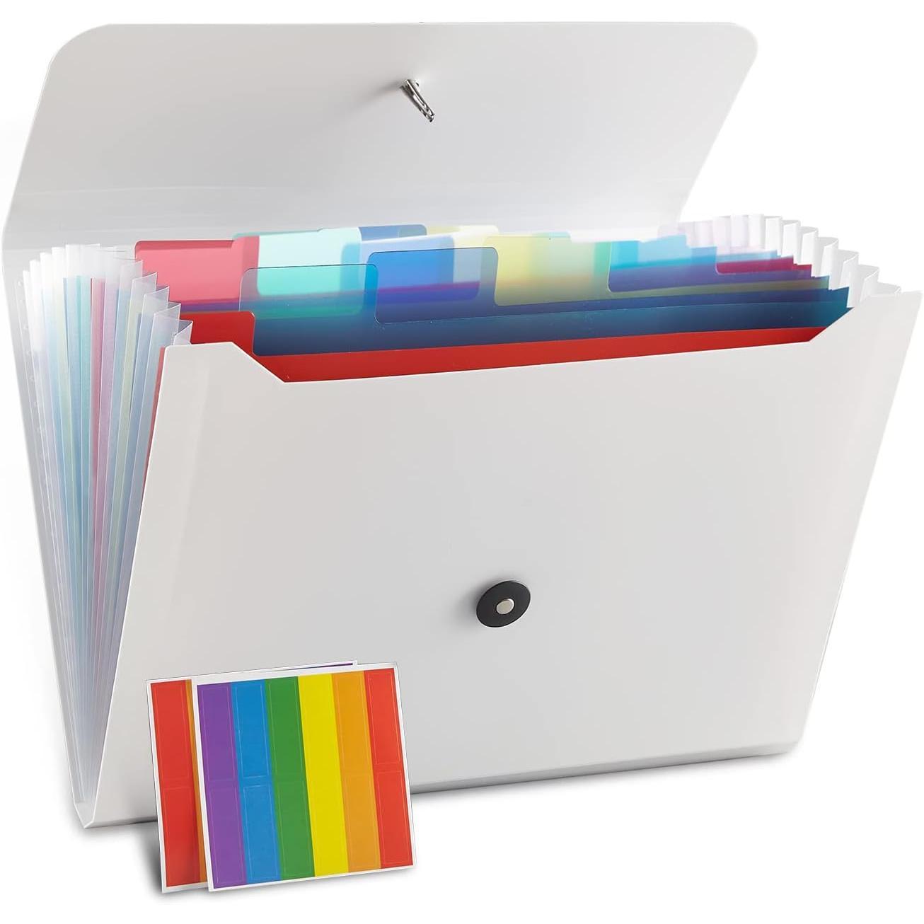 Expanding File Folder, 13 Pockets, White, Polypropylener,for Work, School, , Office